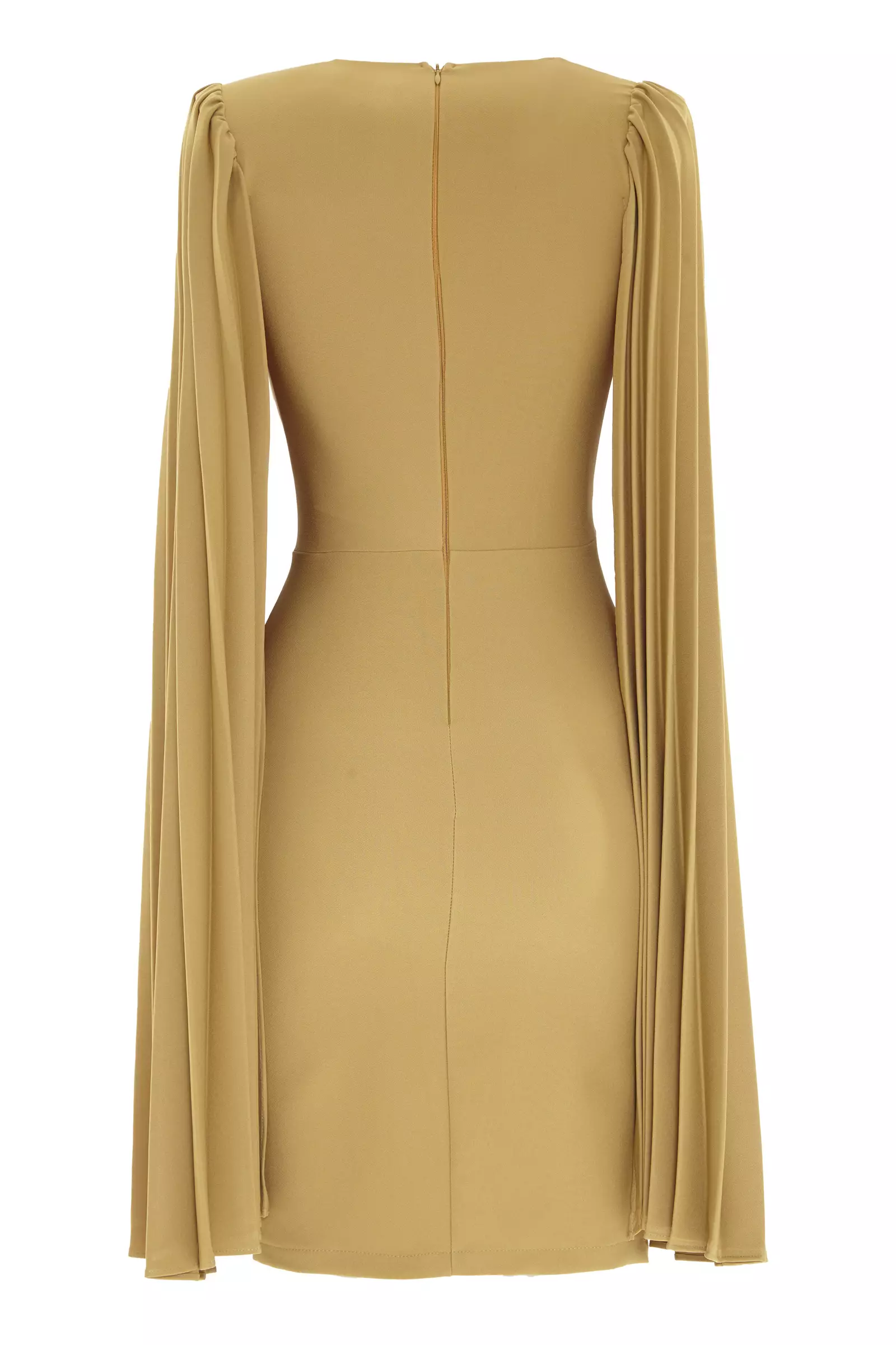 Khaki Crepe Long Sleeve Midi Dress