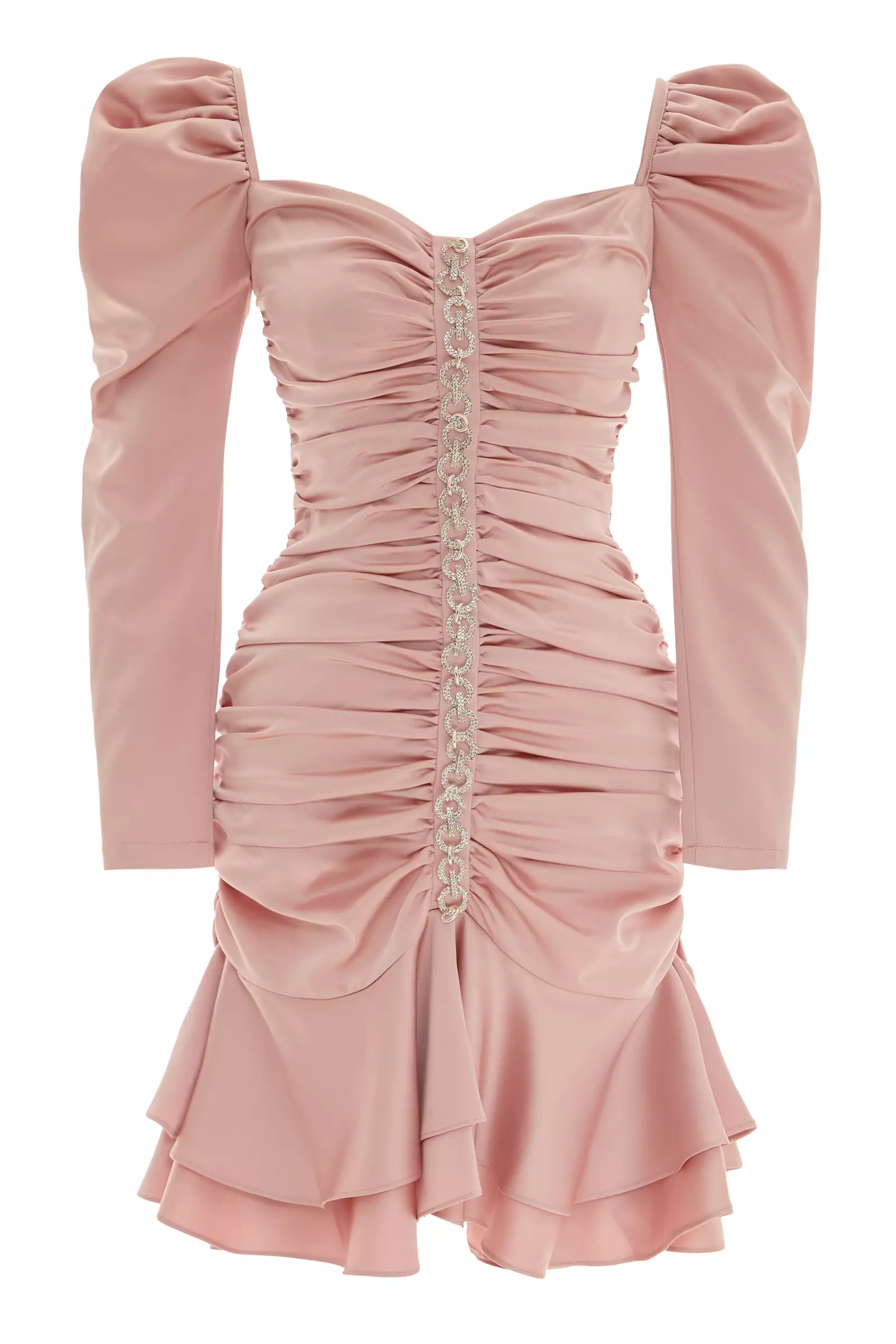 Blush satin long sleeve midi dress