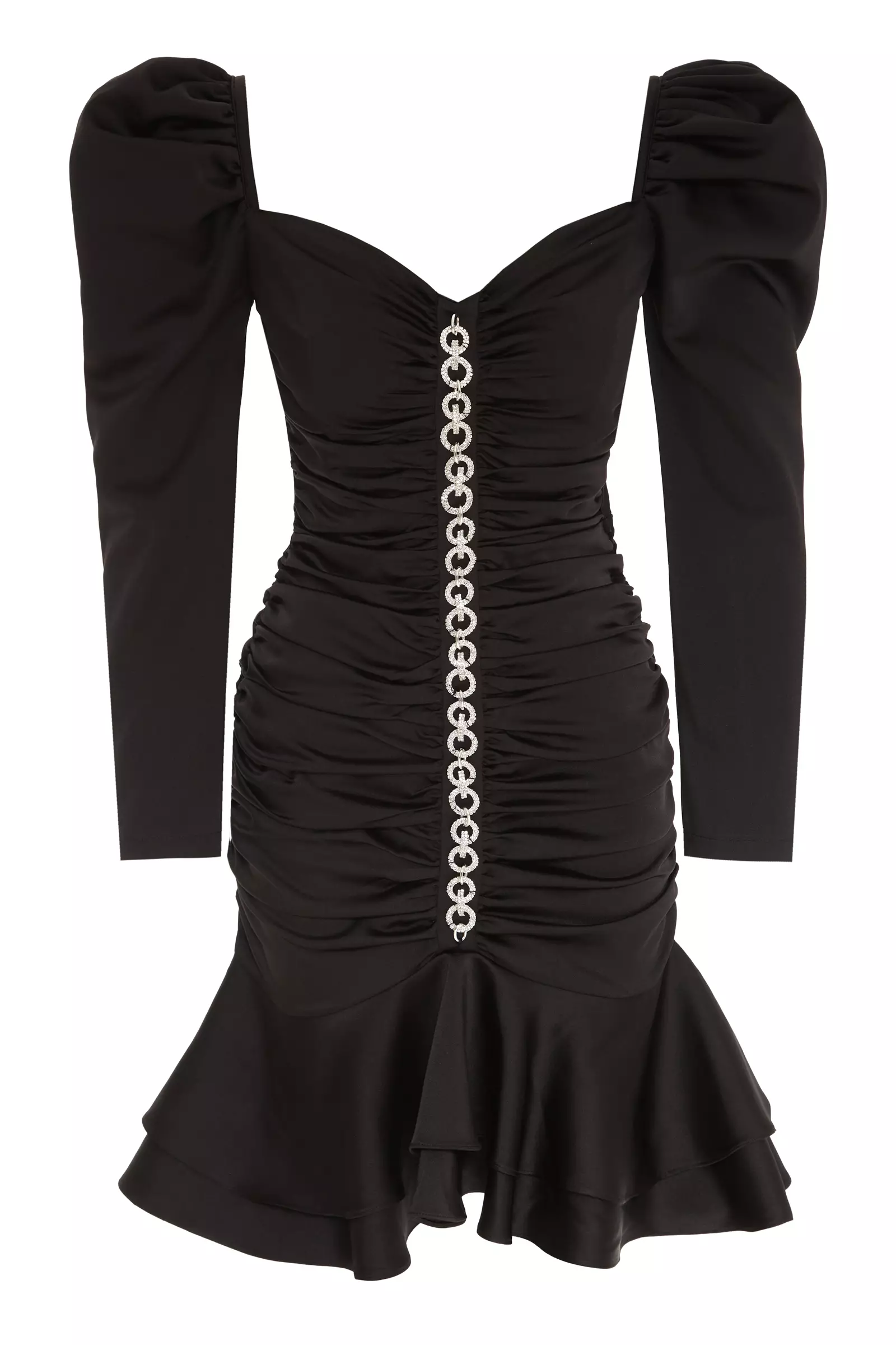 Black Satin Long Sleeve Midi Dress