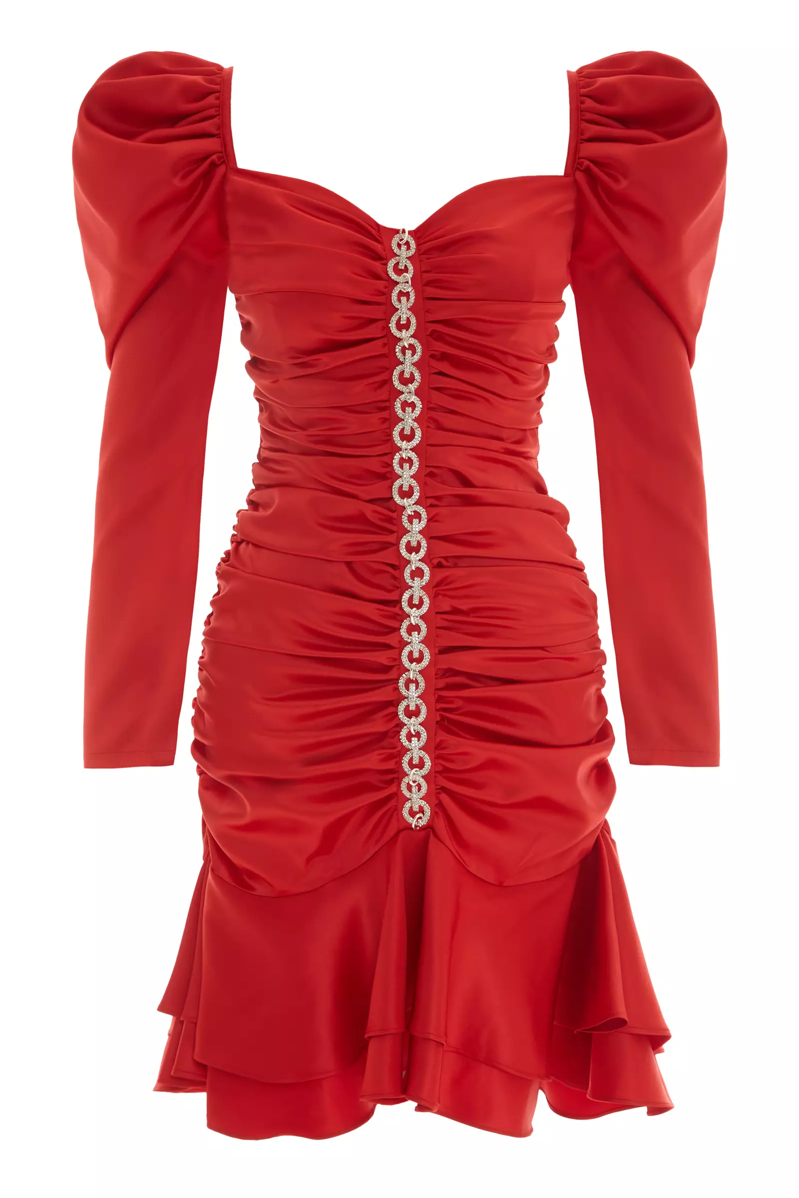 Red Satin Long Sleeve Midi Dress