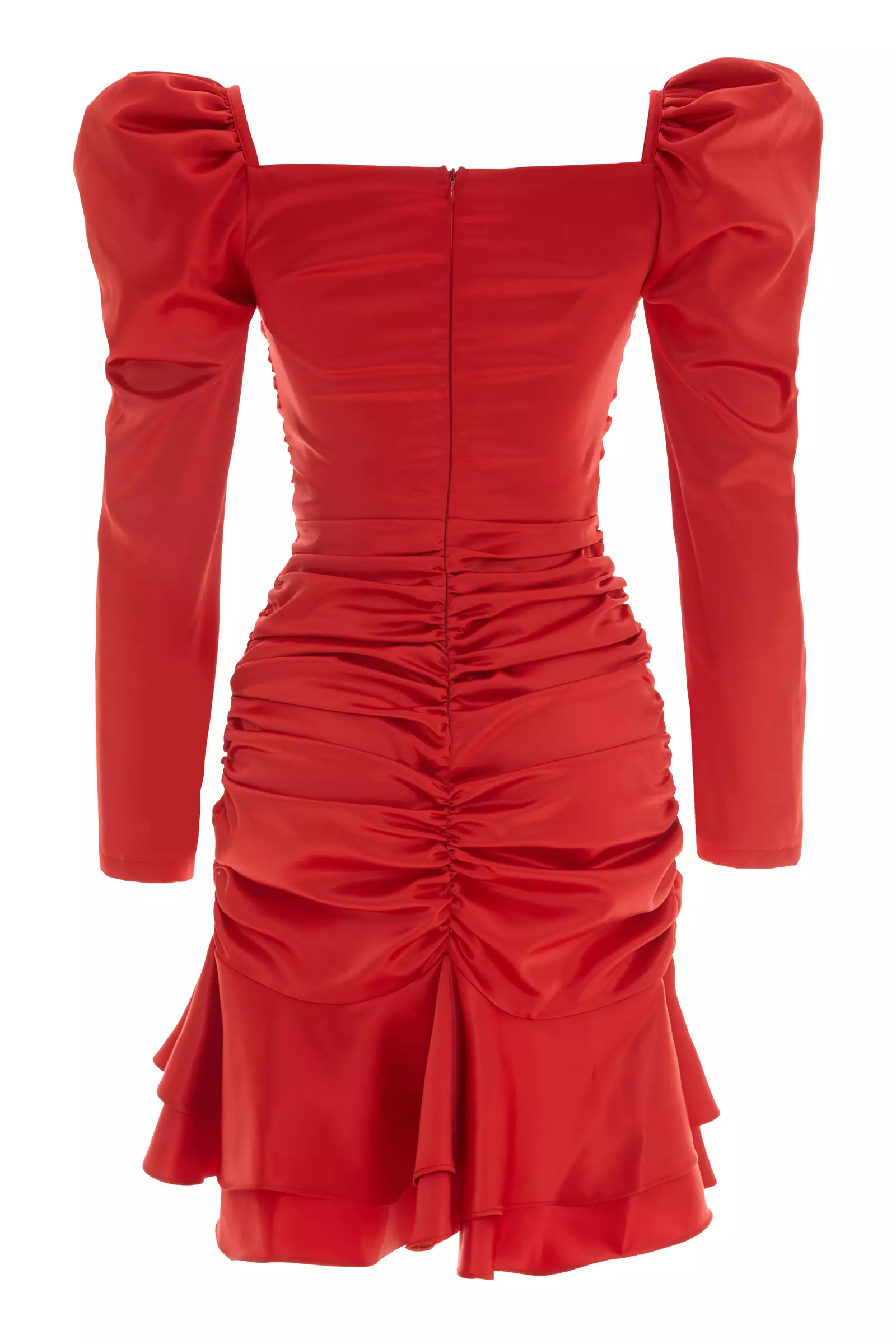 Red Satin Long Sleeve Midi Dress
