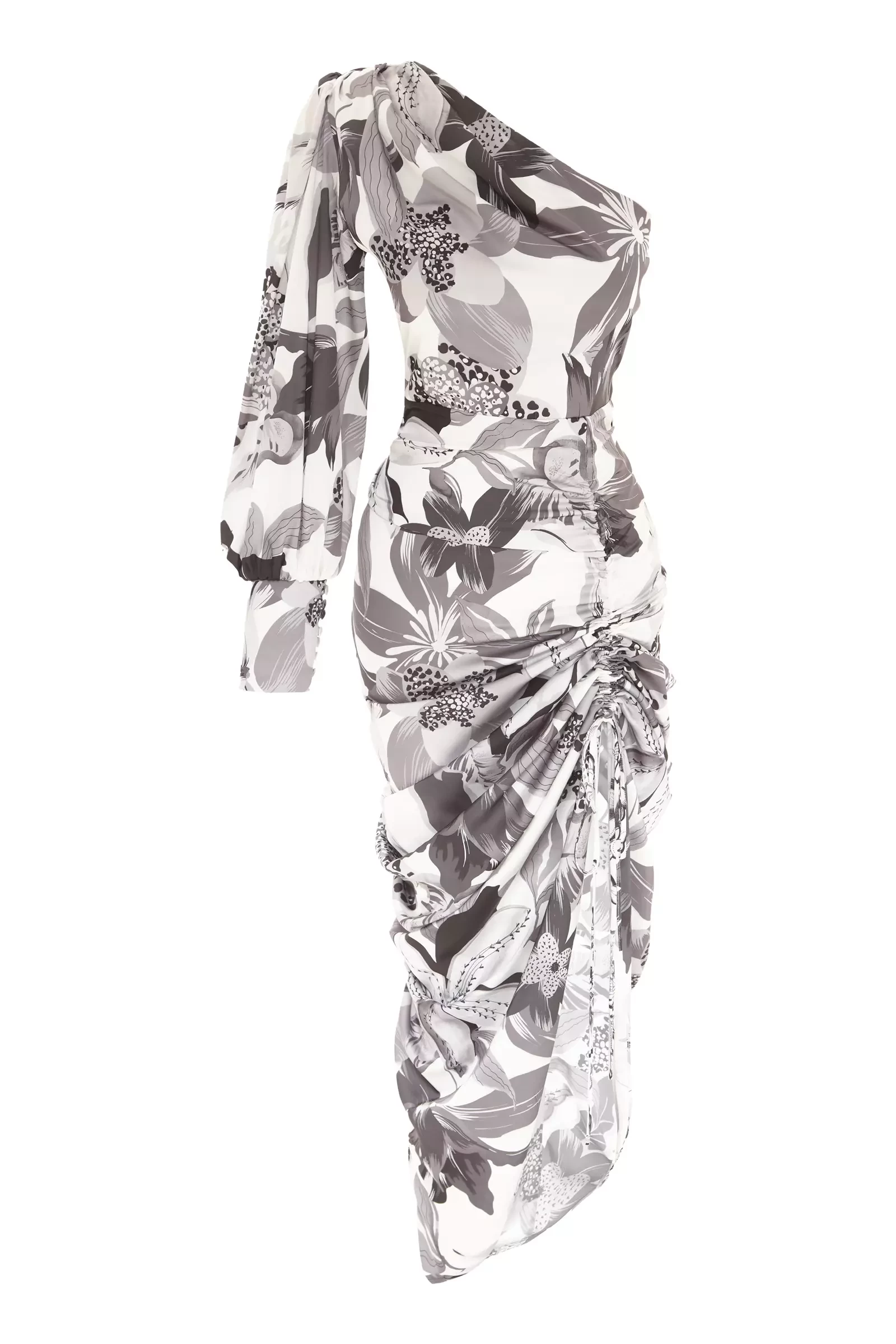 Printed Satin One Arm Maxi Dress