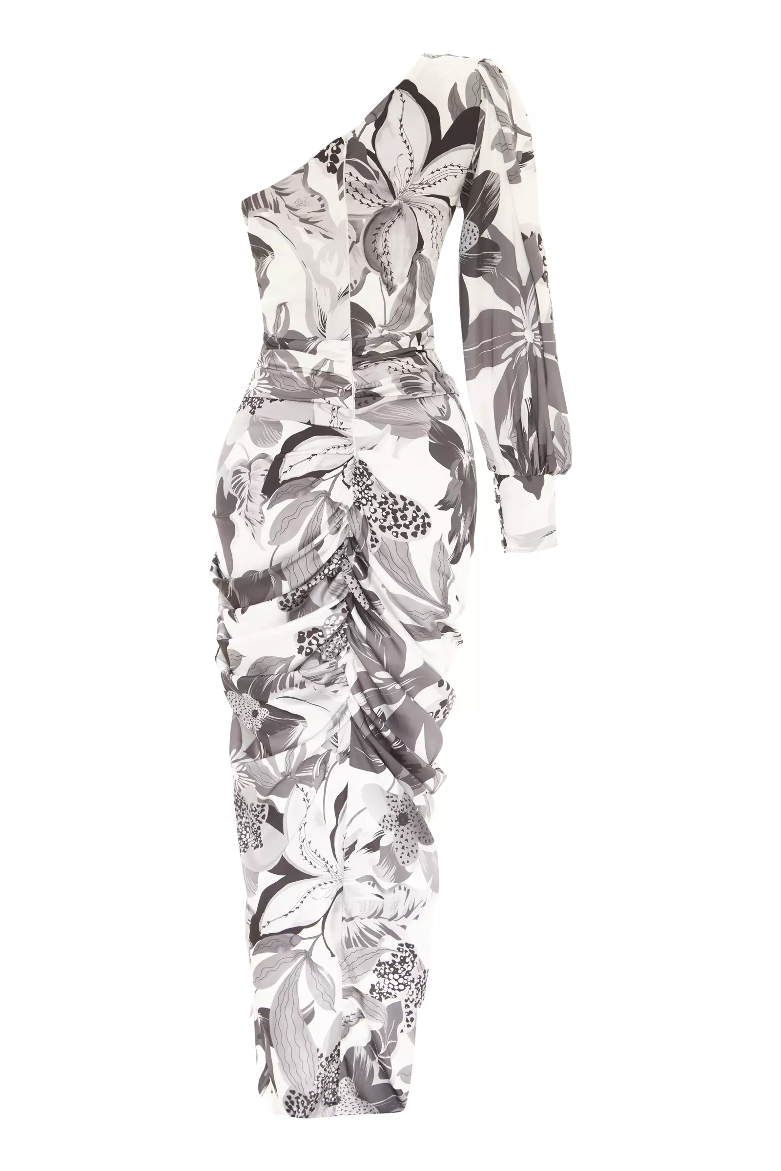 Printed Satin One Arm Maxi Dress