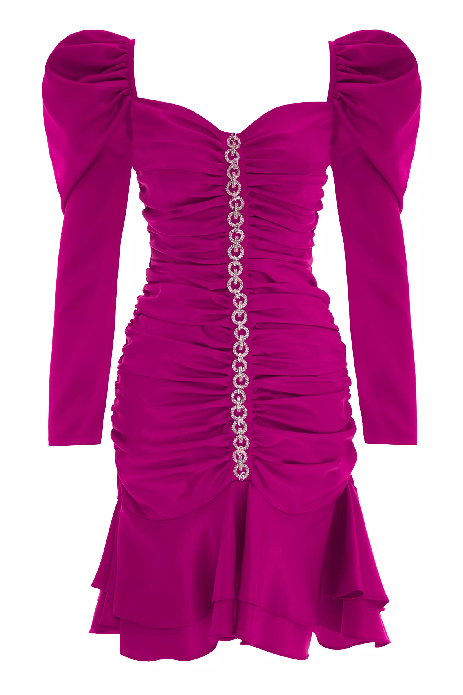 Fuchsia Satin Long Sleeve Midi Dress