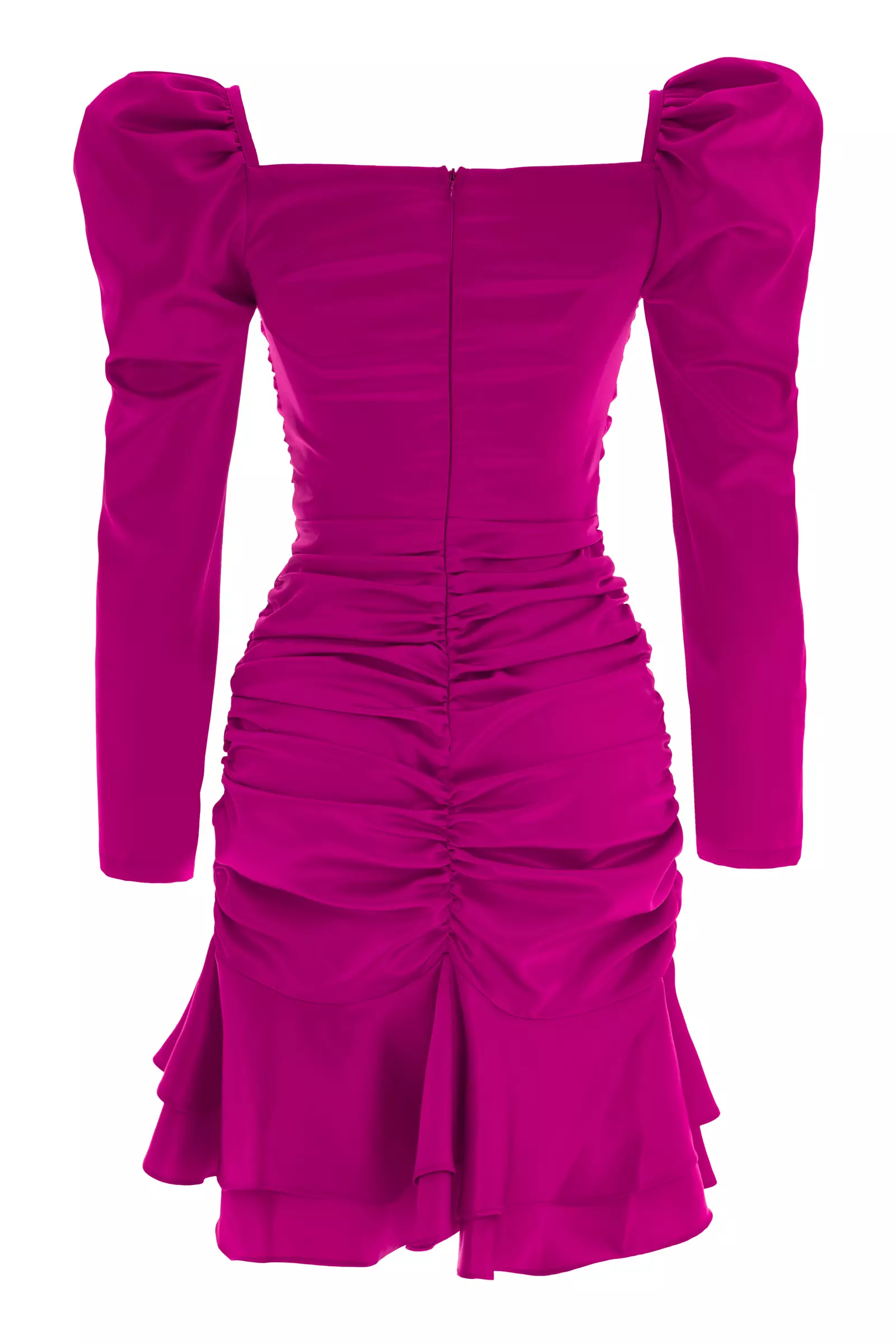 Fuchsia Satin Long Sleeve Midi Dress
