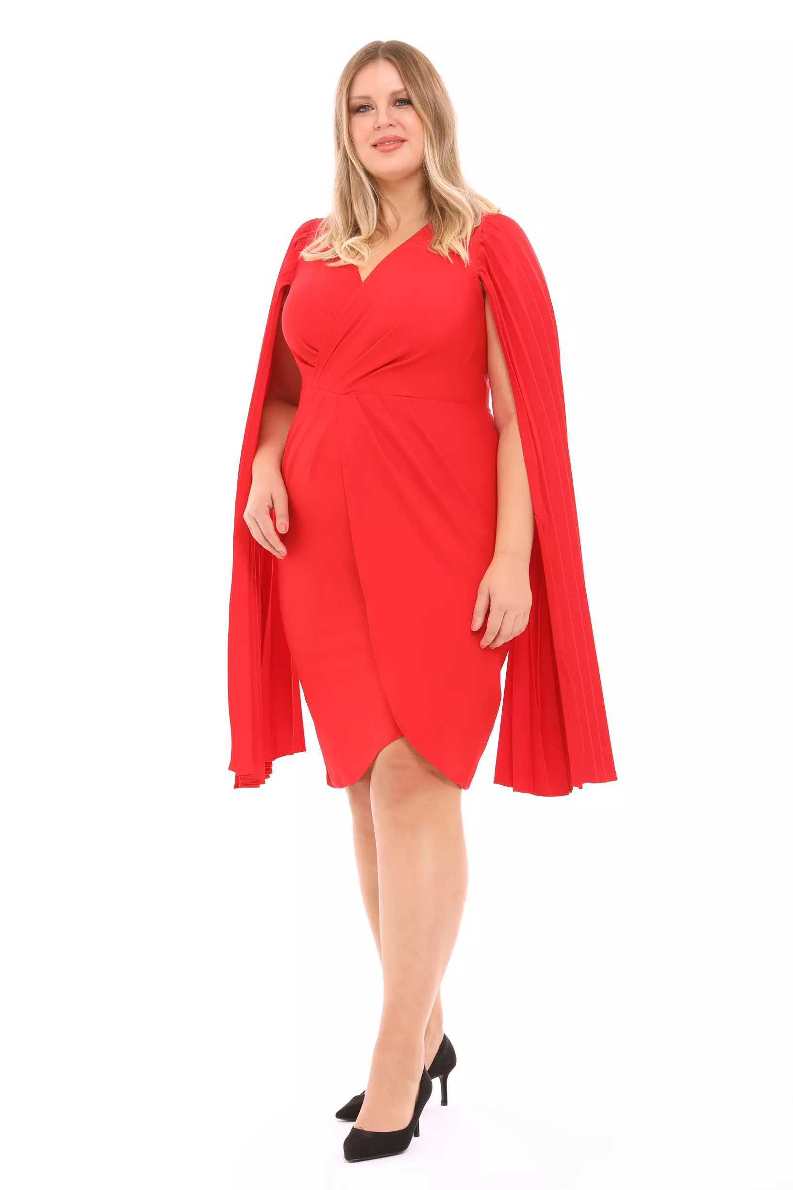 Red Plus Size Crepe Long Sleeve Mini Dress