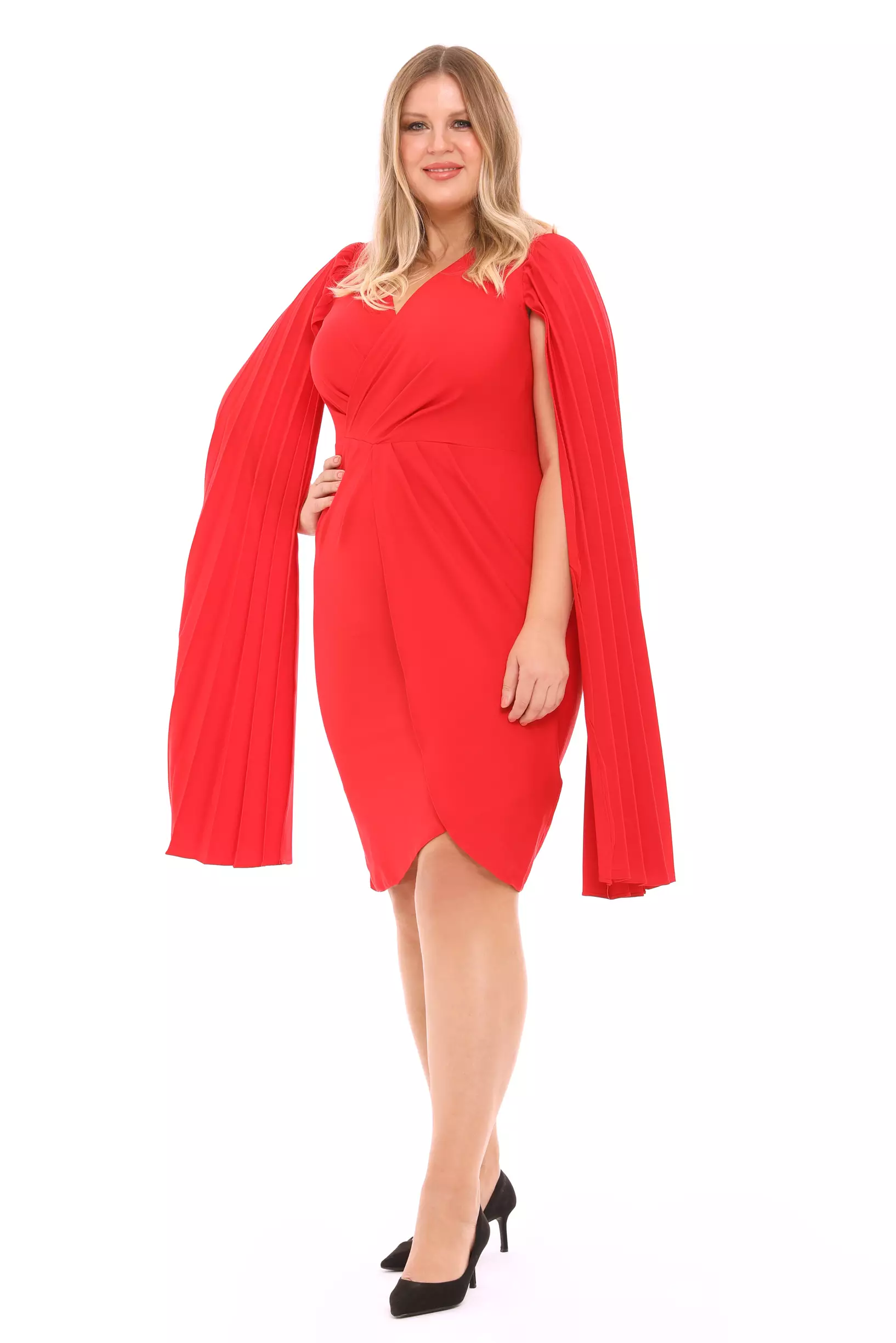 Red Plus Size Crepe Long Sleeve Mini Dress