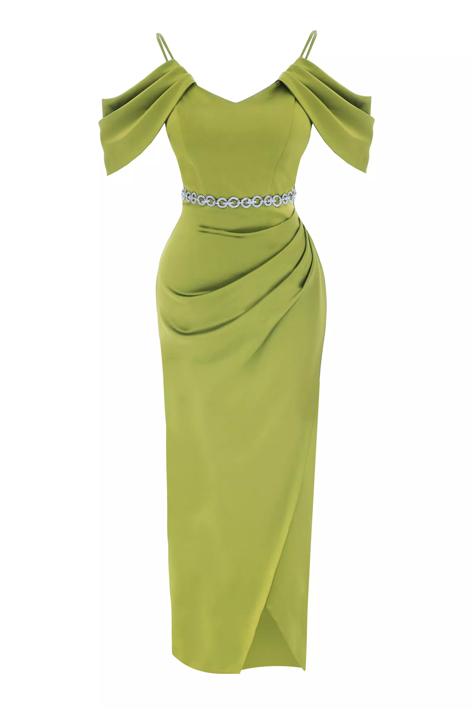 Pistachio green satin sleeveless maxi dress