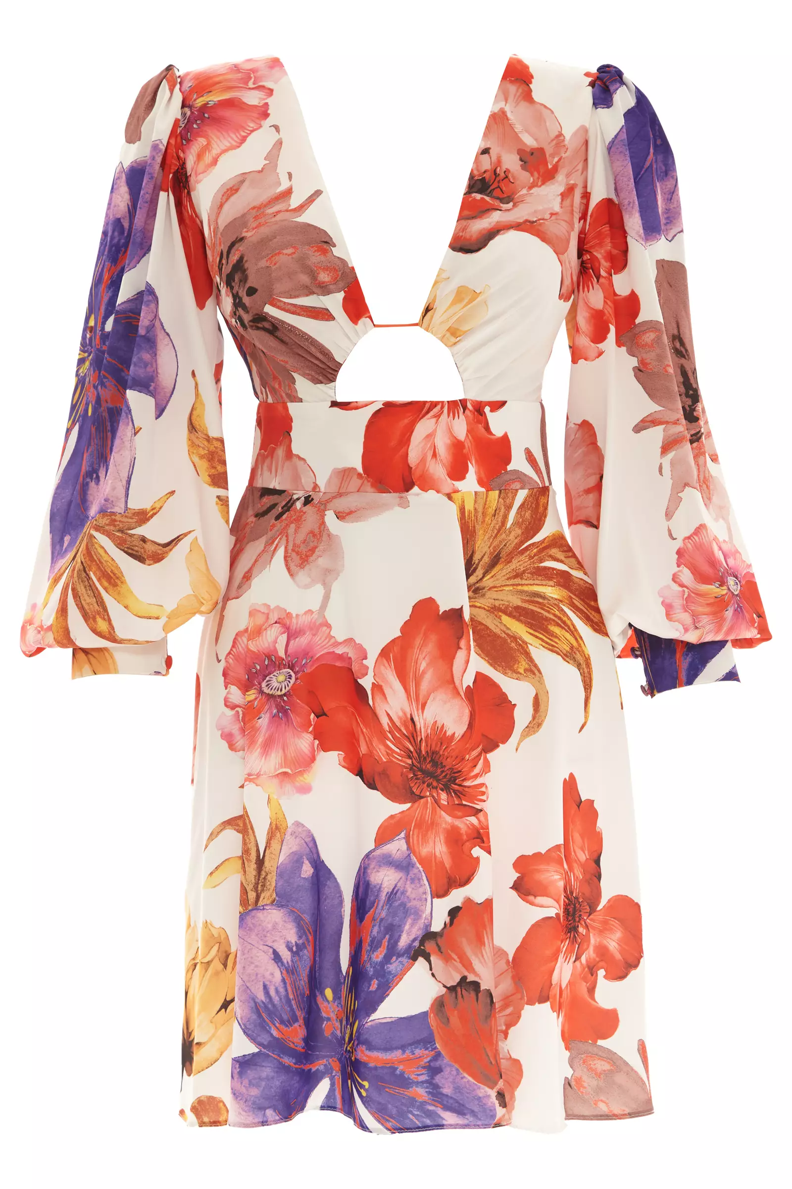 Printed Satin Long Sleeve Mini Dress