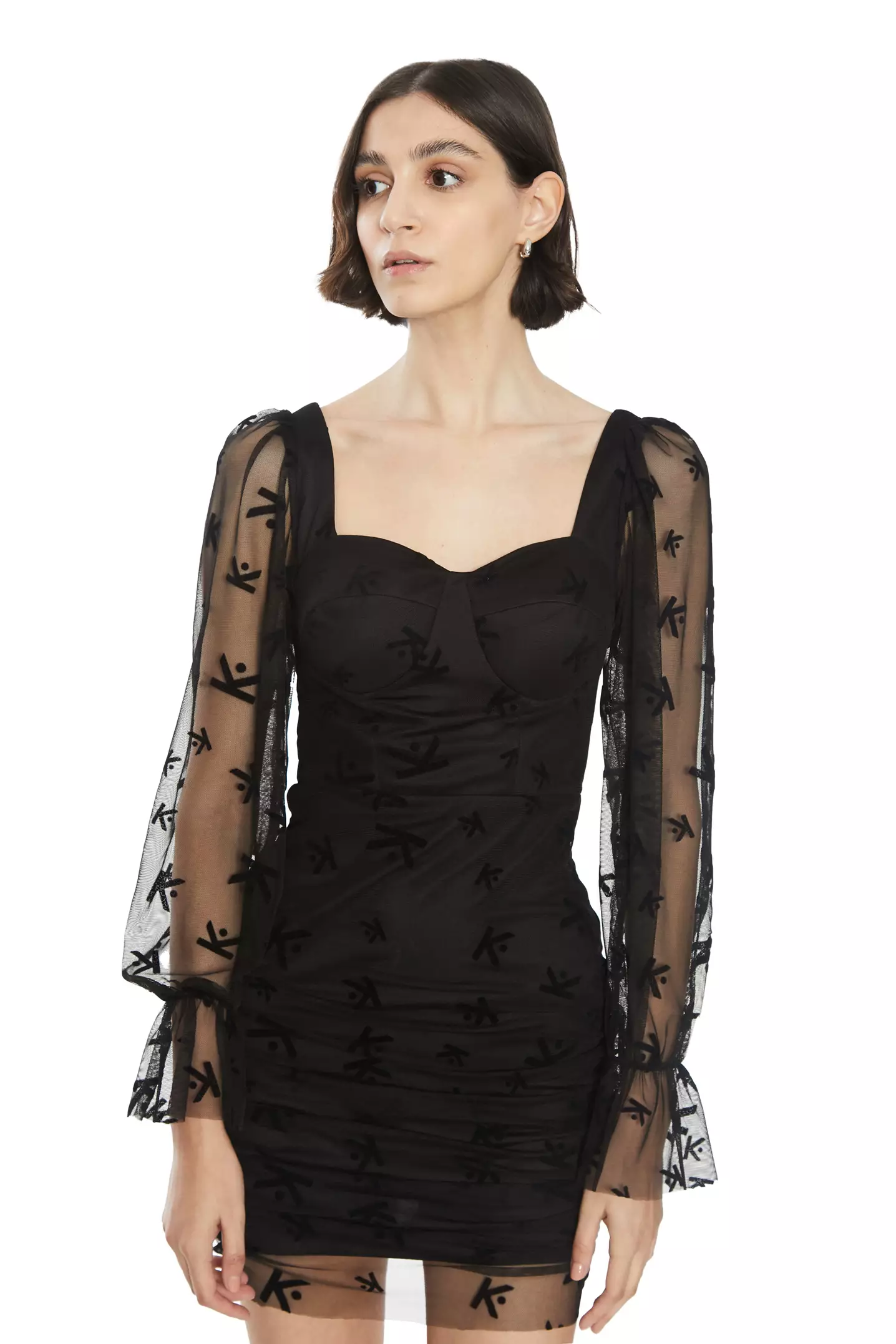 Printed Tulle Long Sleeve Mini Dress