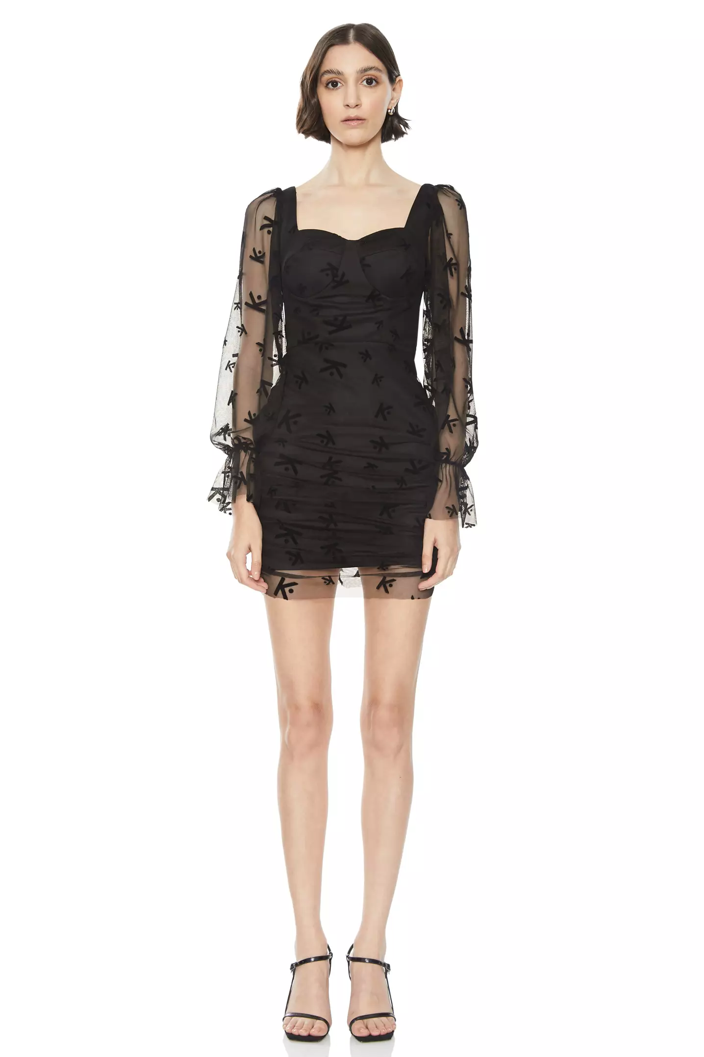 Printed Tulle Long Sleeve Mini Dress
