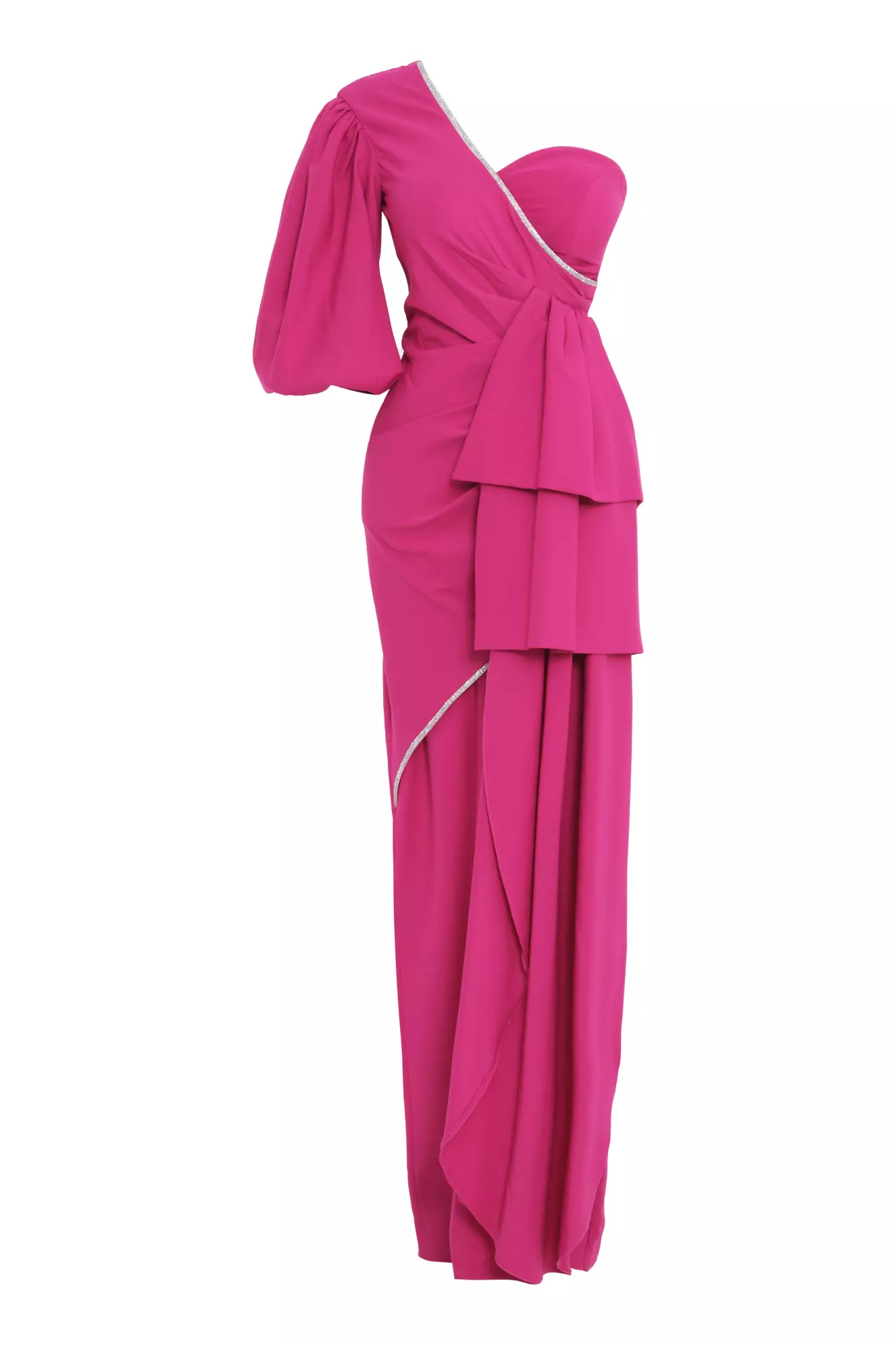 Fuchsia Crepe One Arm Maxi Dress