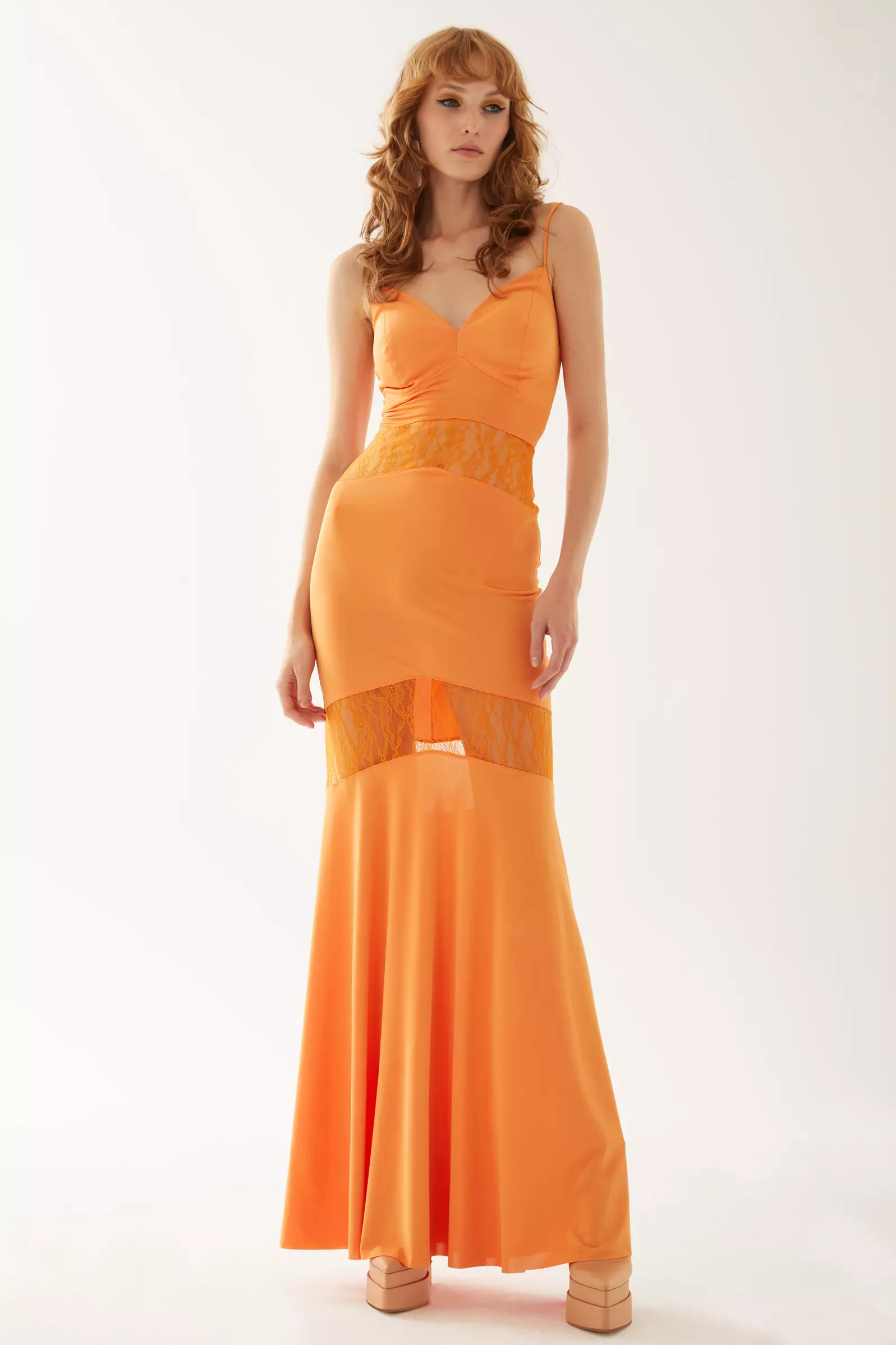 Orange Satin Sleeveless Long Dress