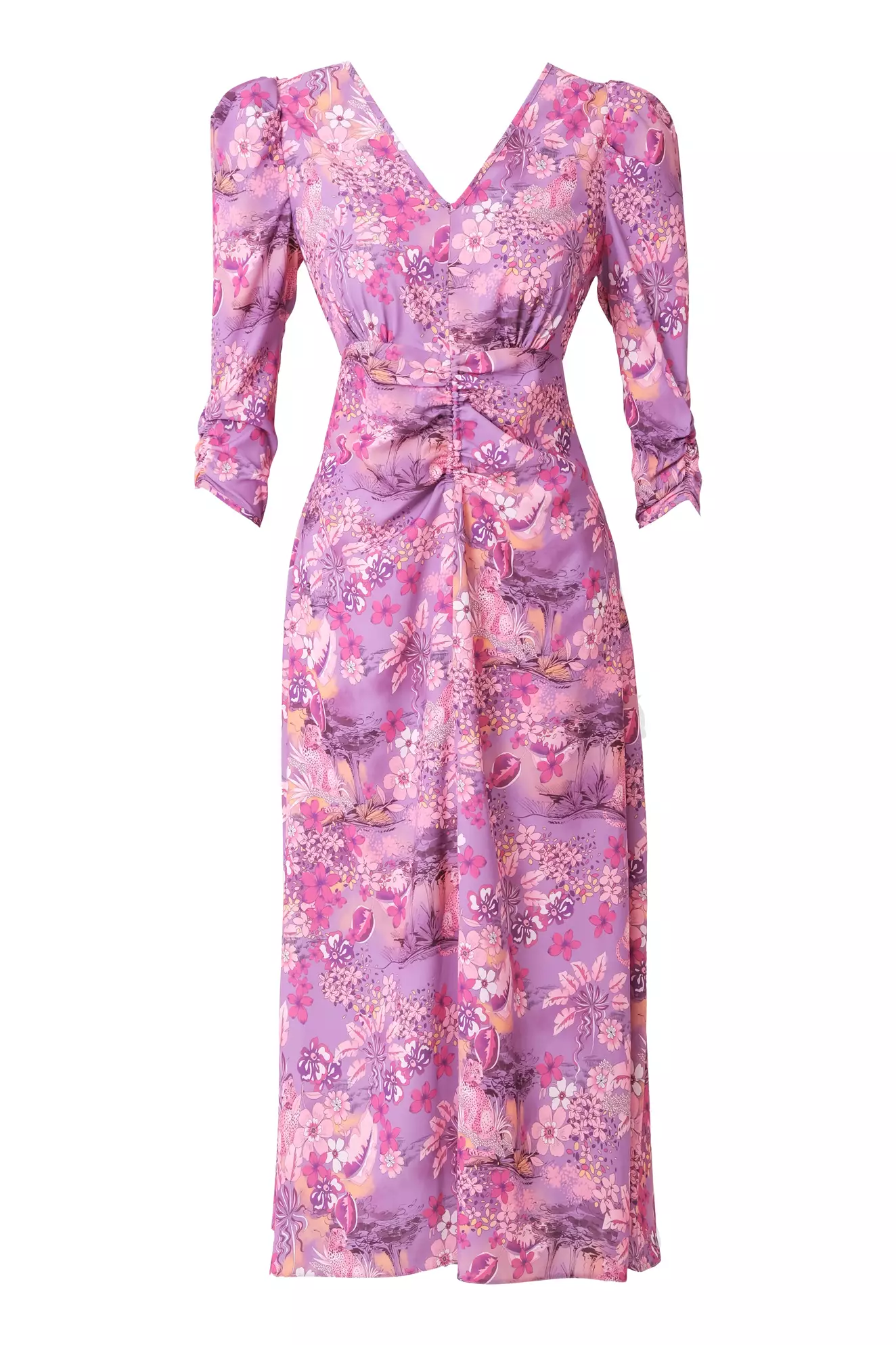Printed satin kapri kol long dress