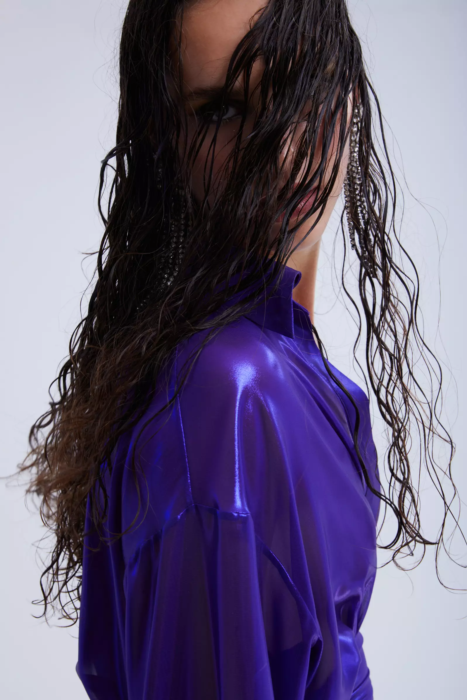 Purple sifon long sleeve midi dress