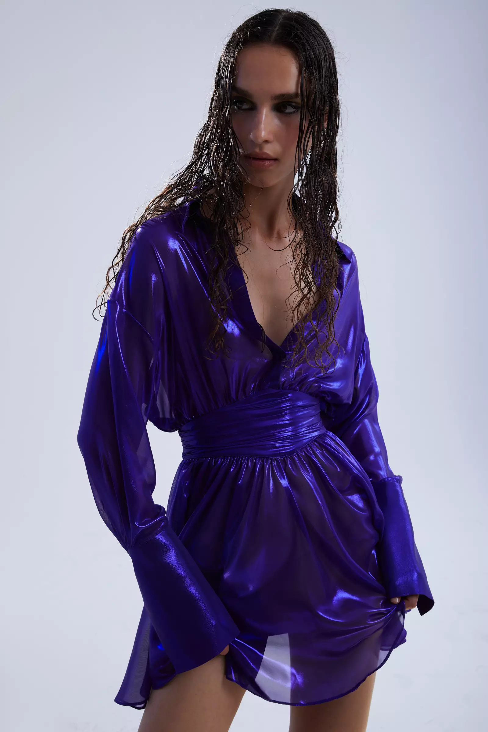 Purple sifon long sleeve midi dress