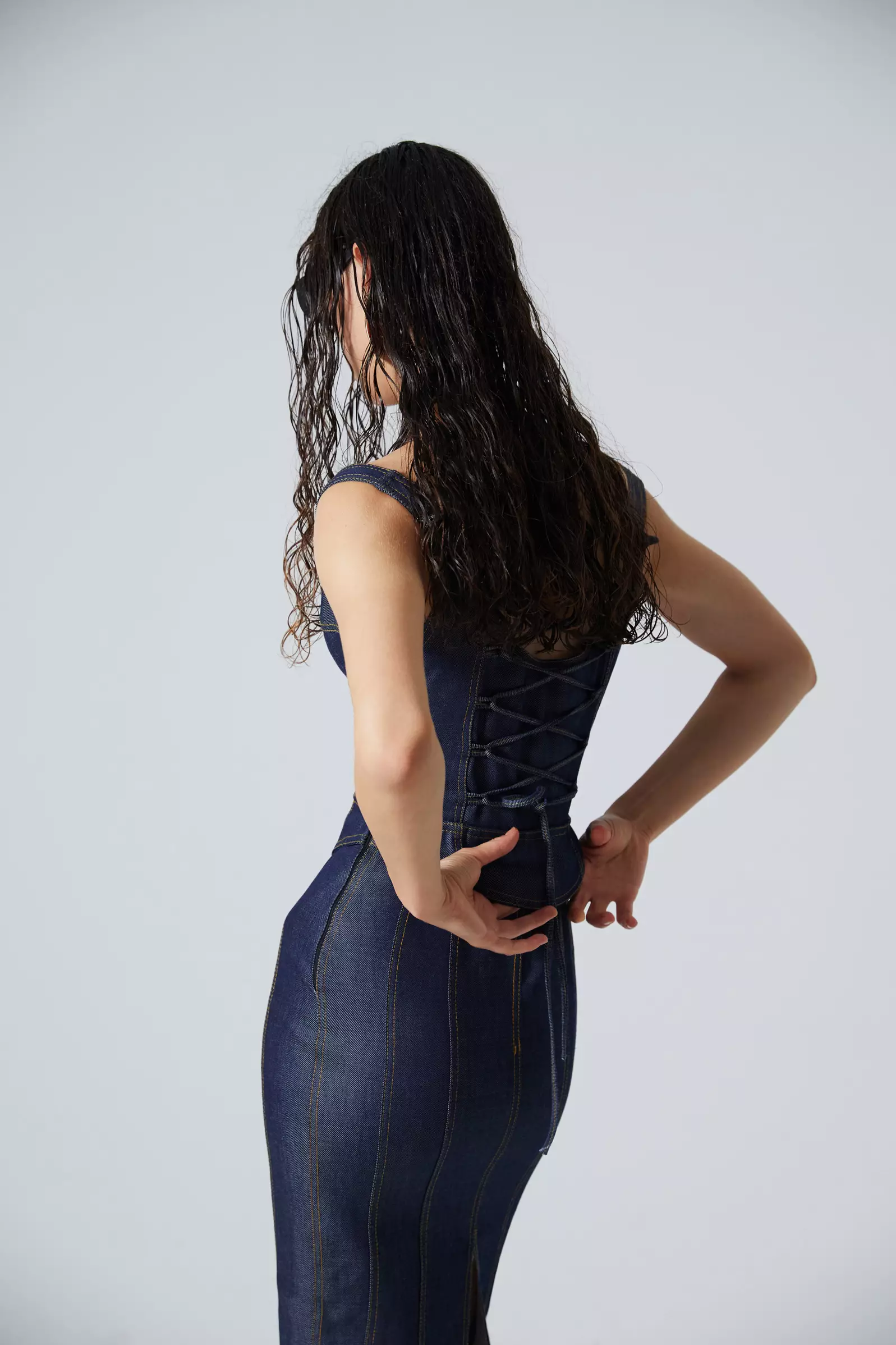 Navy Blue Kot Sleeveless Long Dress