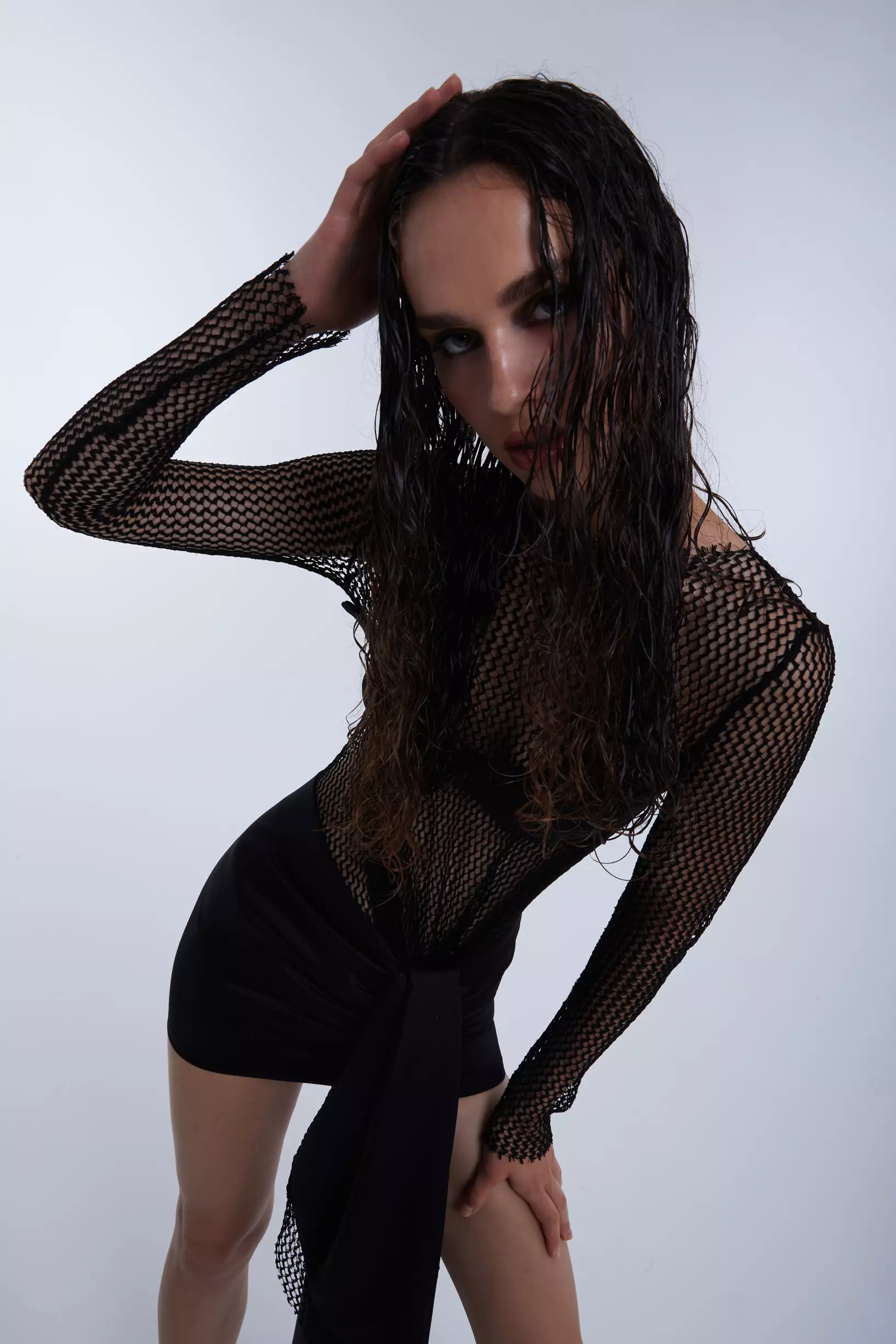 Black file long sleeve mini dress