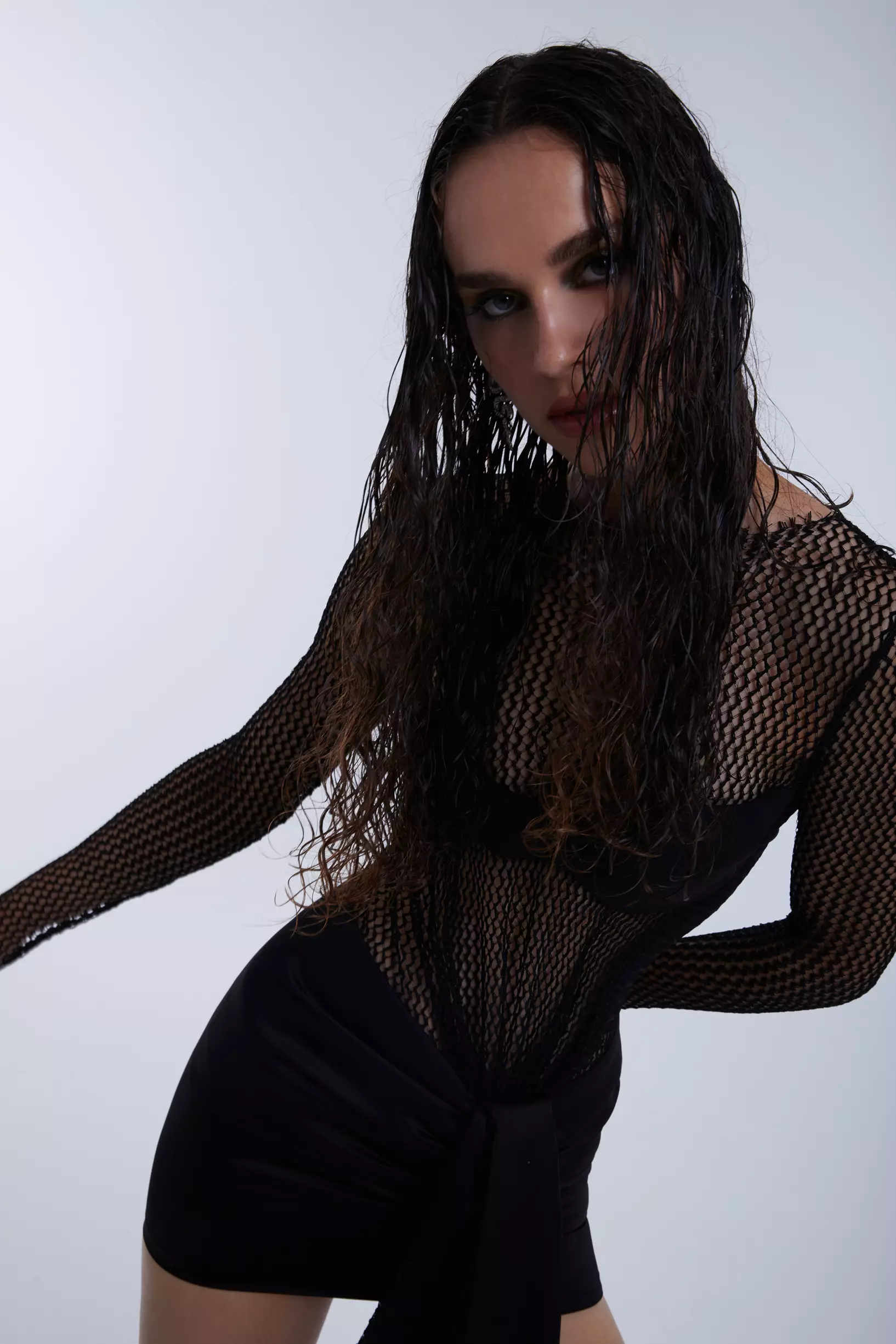 Black file long sleeve mini dress