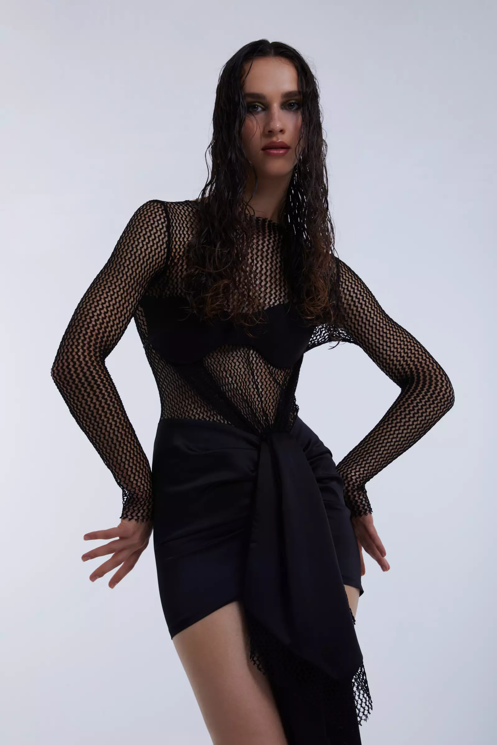 Black file long sleeve mini dress