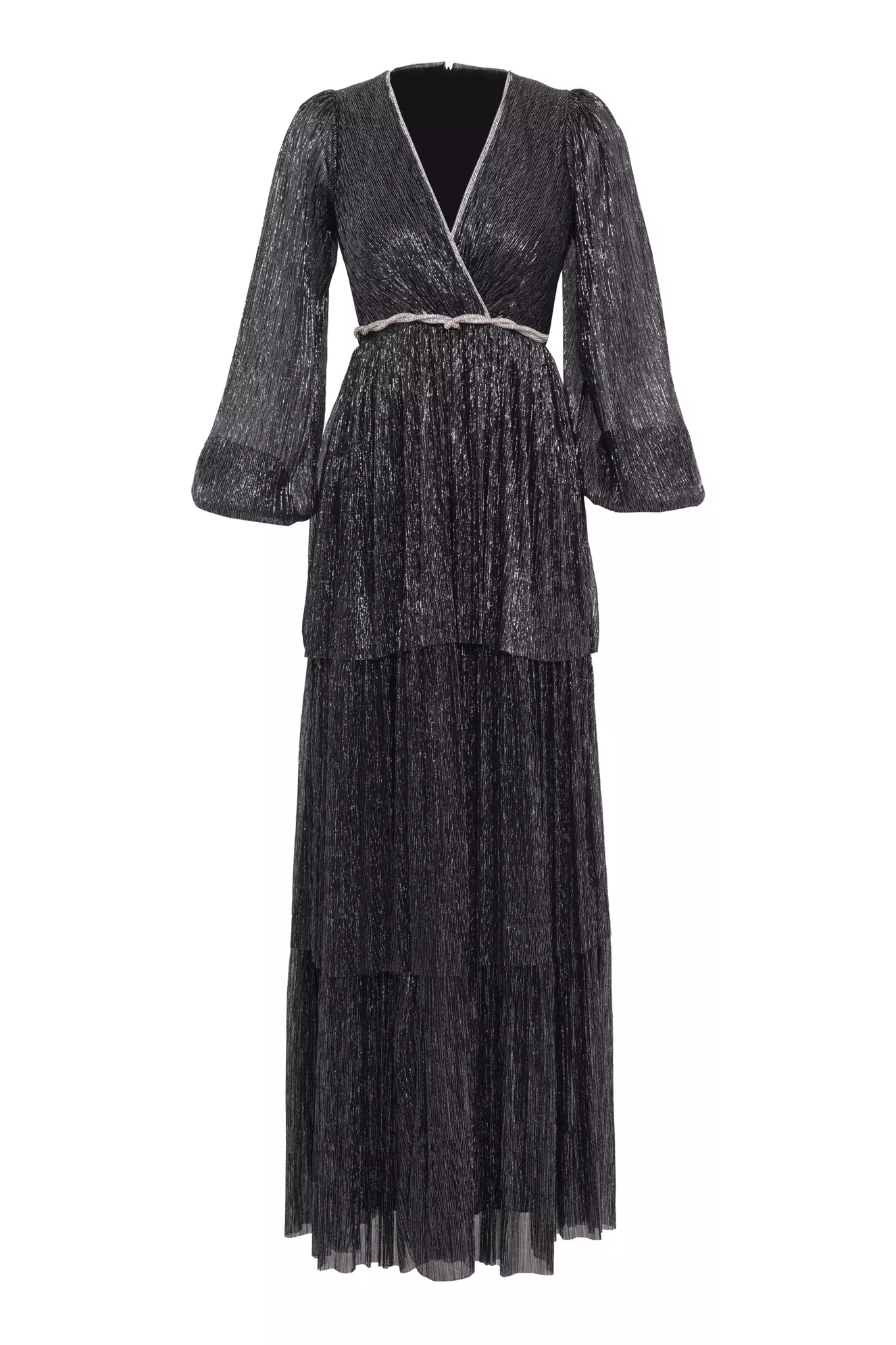 Siyah Gümüş Moonlight Long Sleeve Long Dress