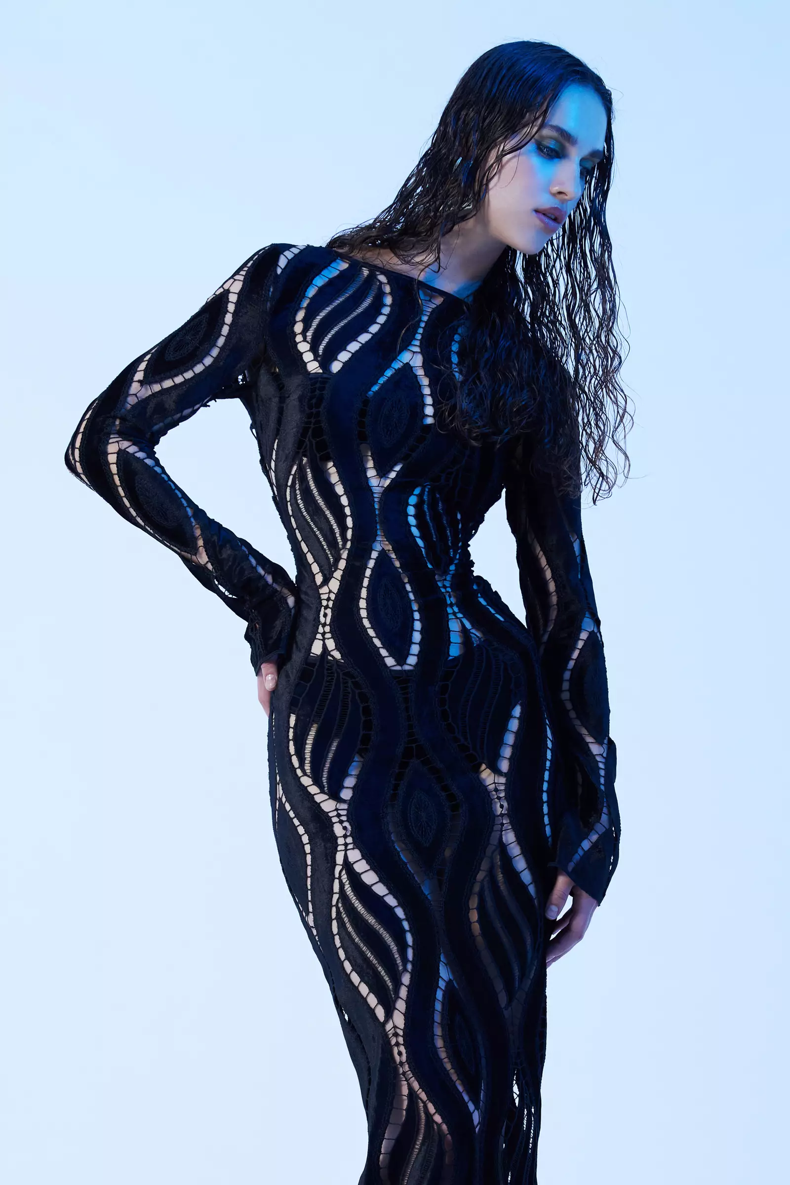 Black velvet long sleeve long dress