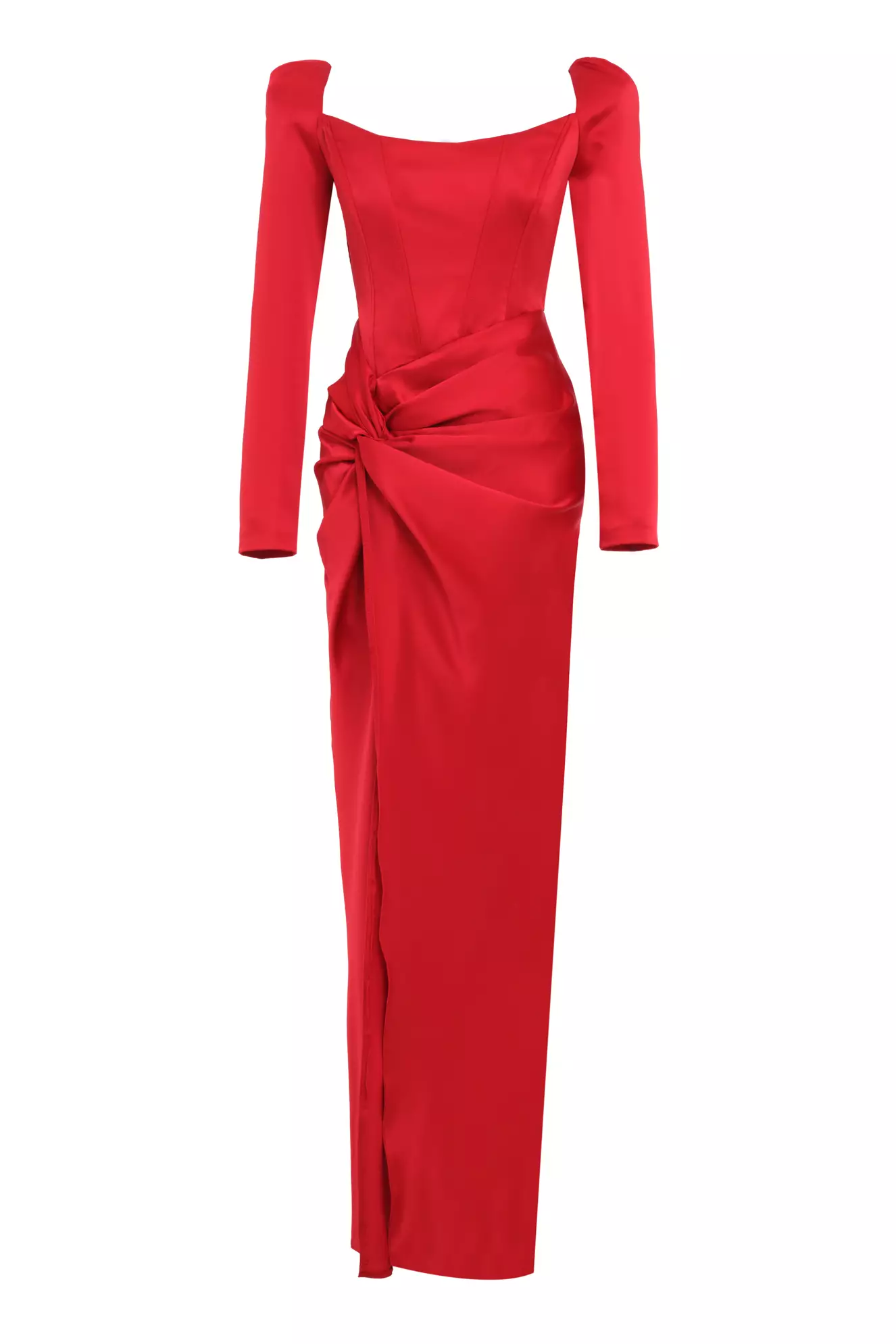 Red Satin Long Sleeve Long Dress