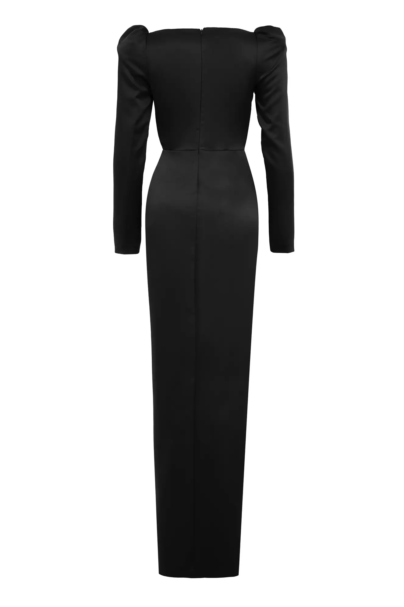 Black Satin Long Sleeve Long Dress