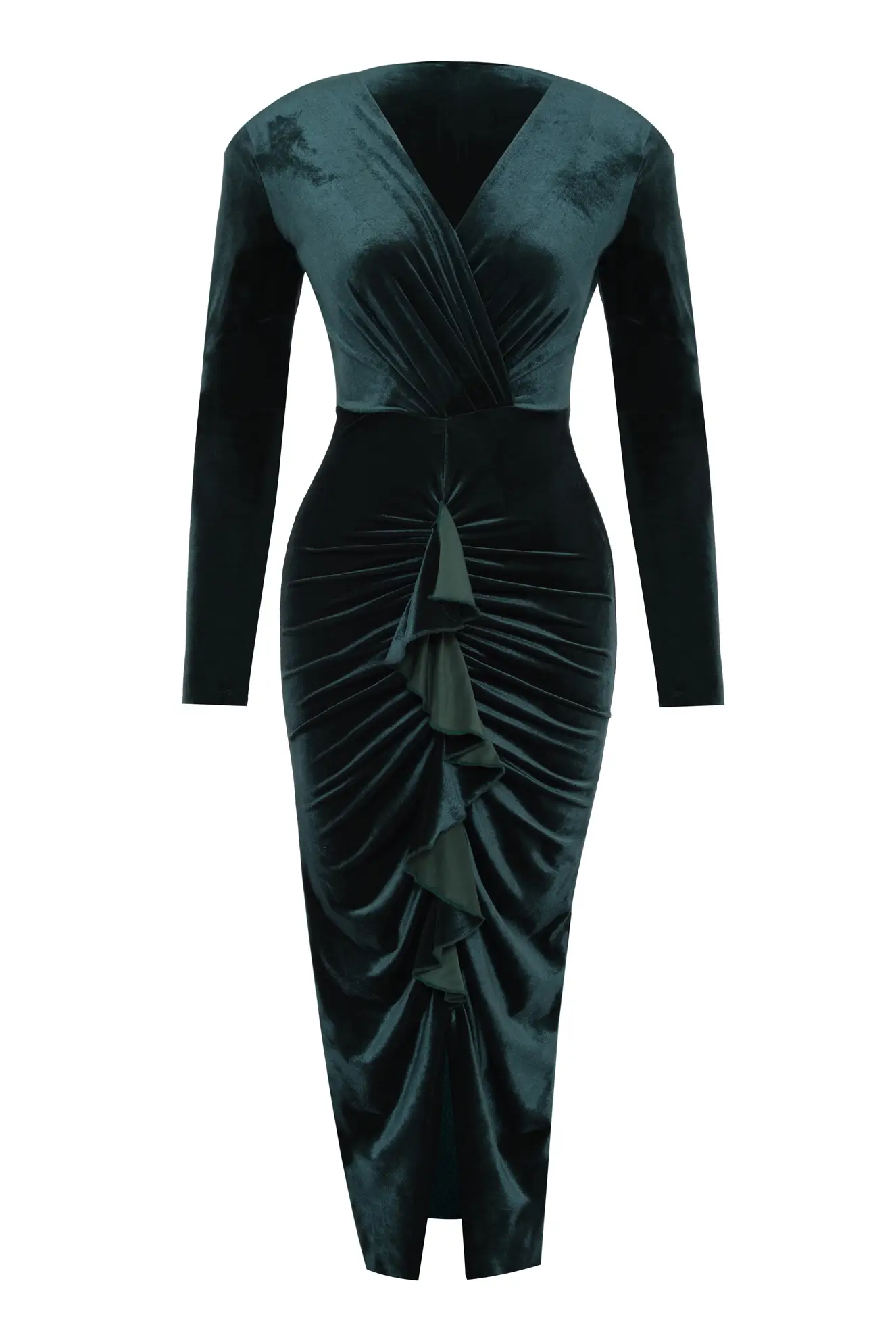 Green Velvet Long Sleeve Long Dress