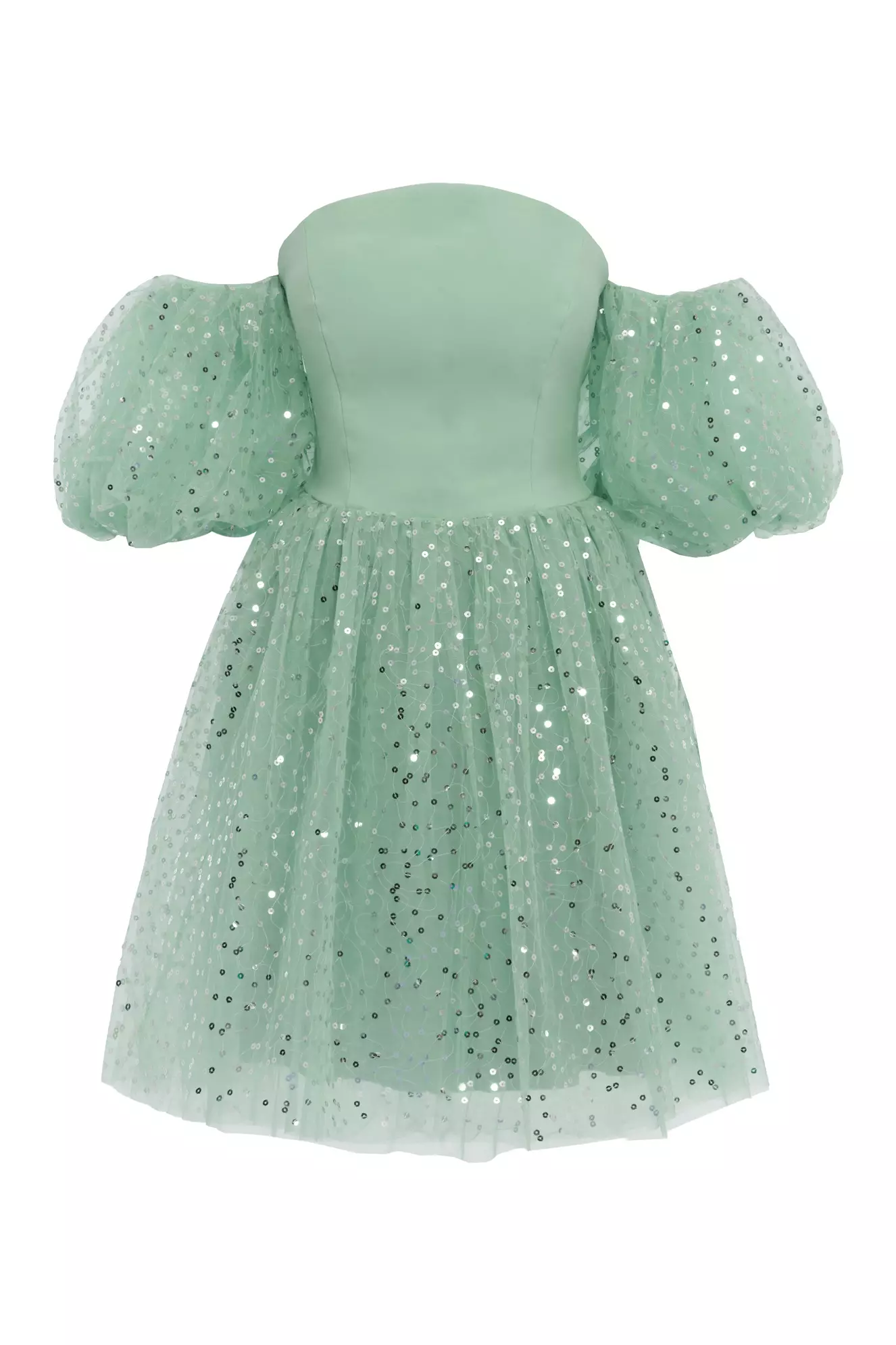 Mint Green Pul Payetli Krep Short Sleeve Mini Dress