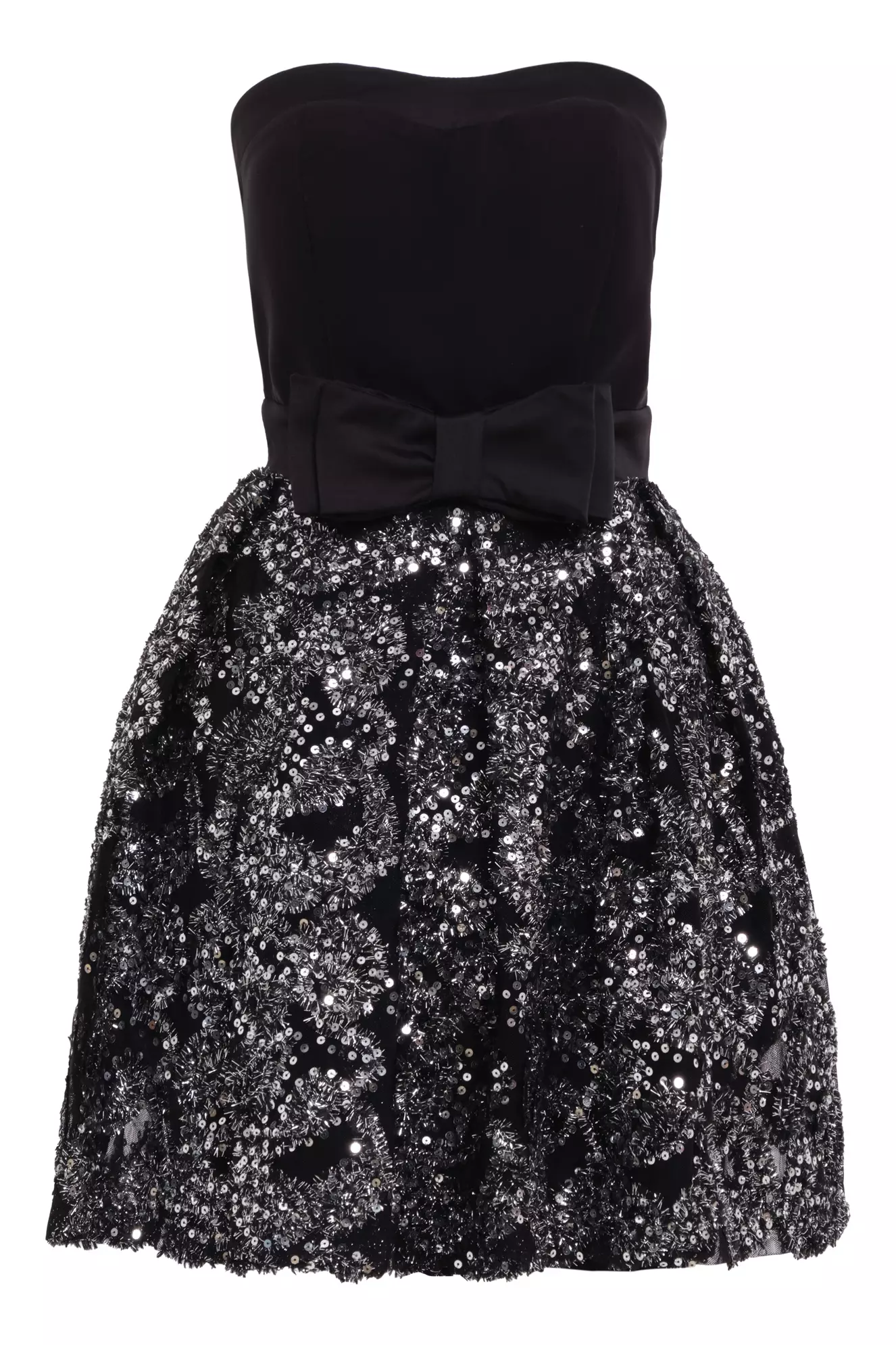Silver crepe strapless mini dress