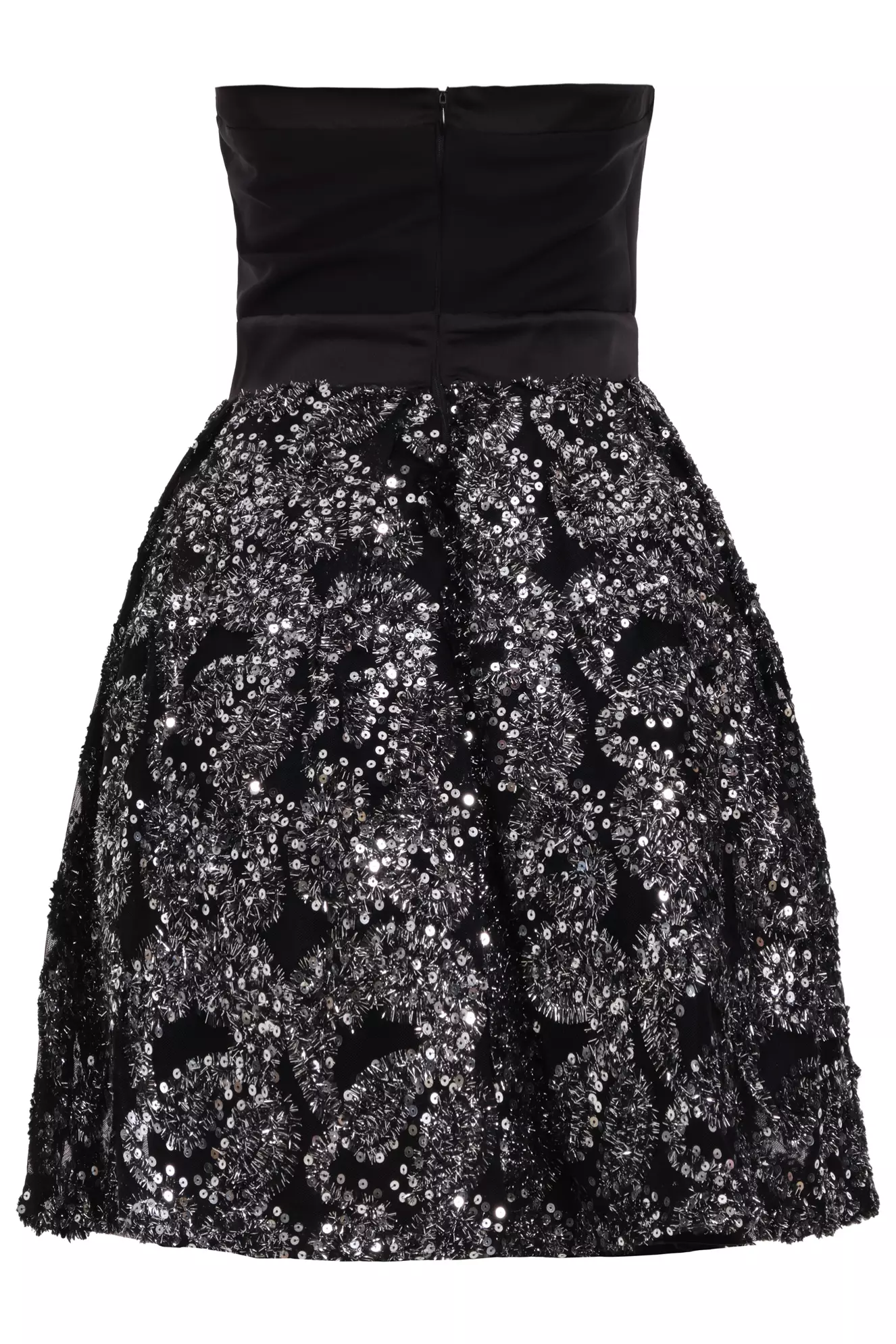 Silver crepe strapless mini dress