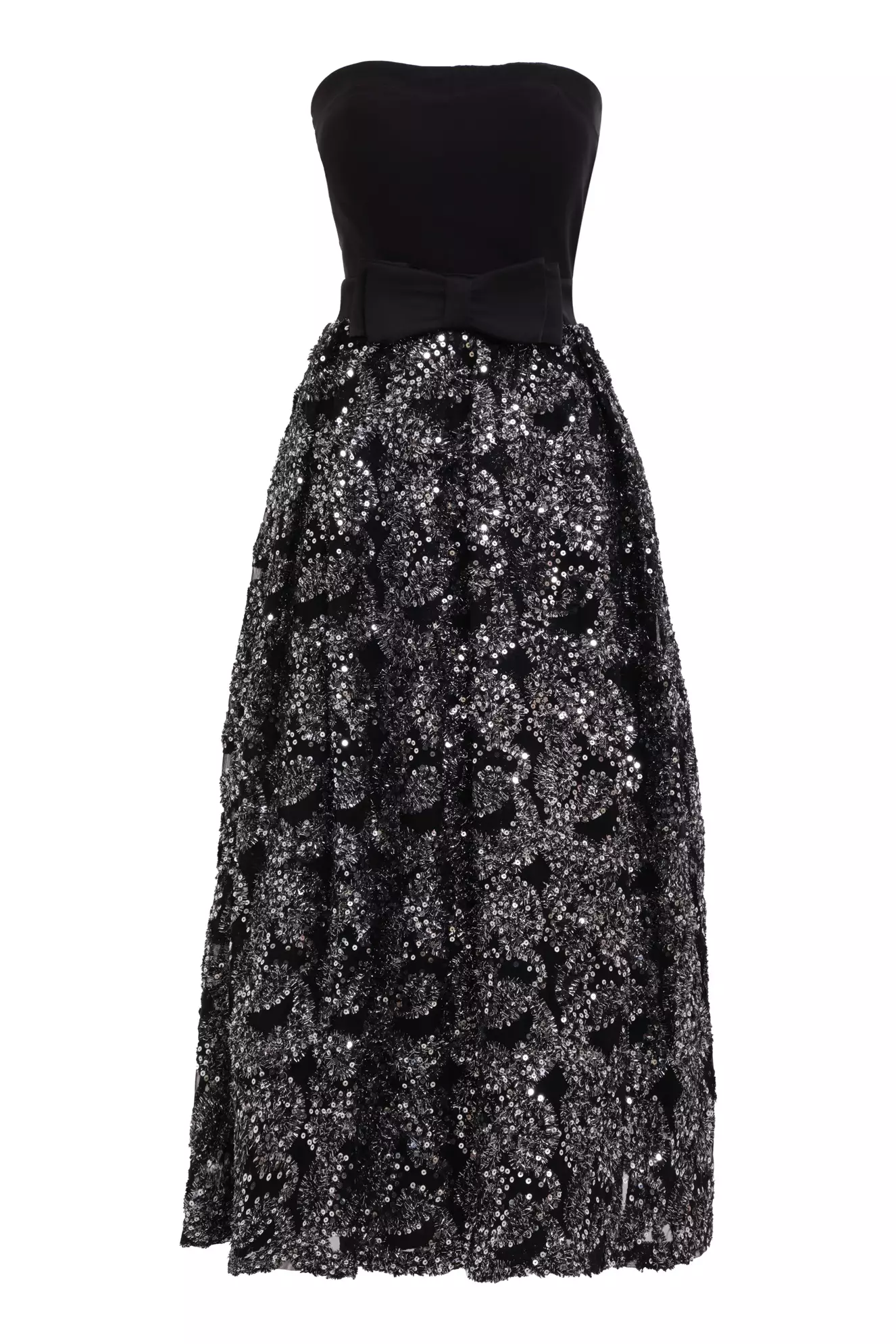 Silver crepe strapless maxi dress