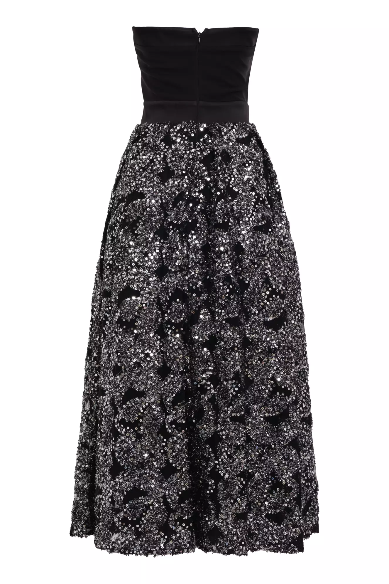 Silver crepe strapless maxi dress