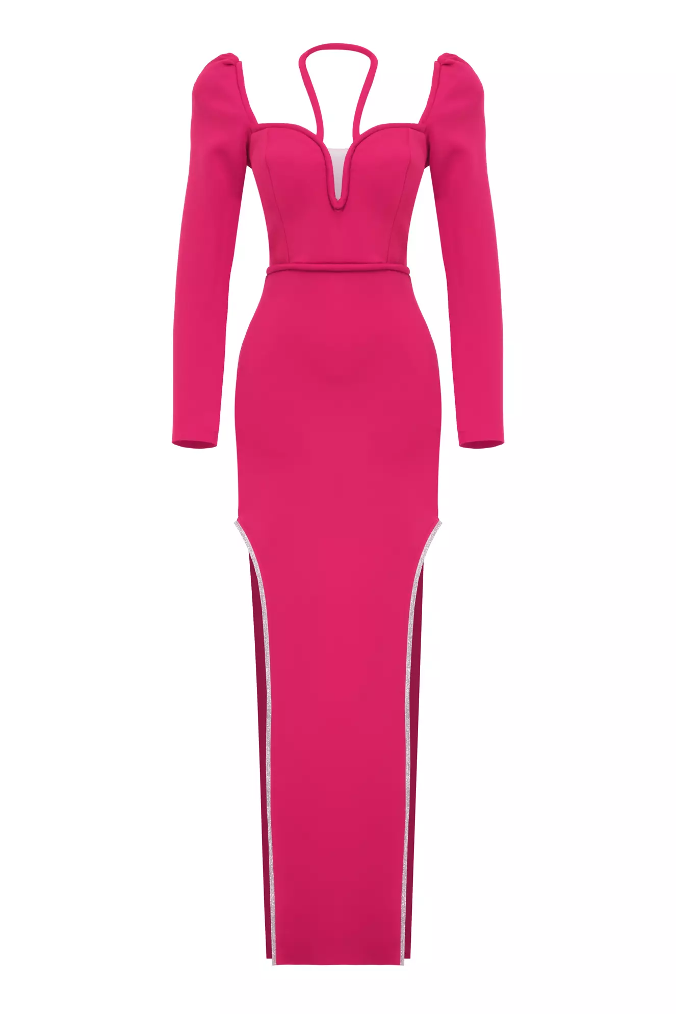 Fuchsia Dalgic Long Sleeve Long Dress