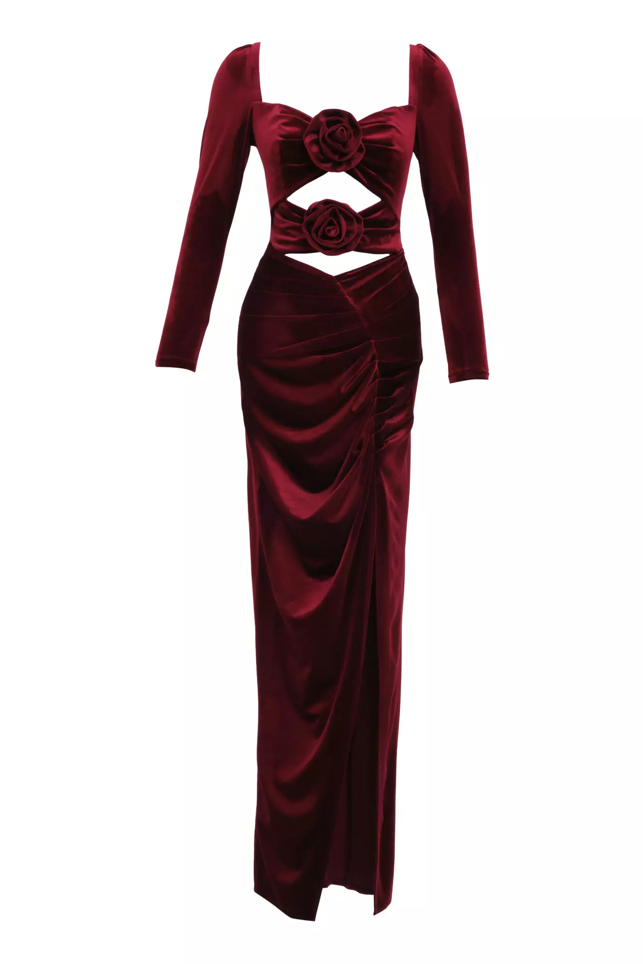 Maroon Velvet Long Sleeve Long Dress