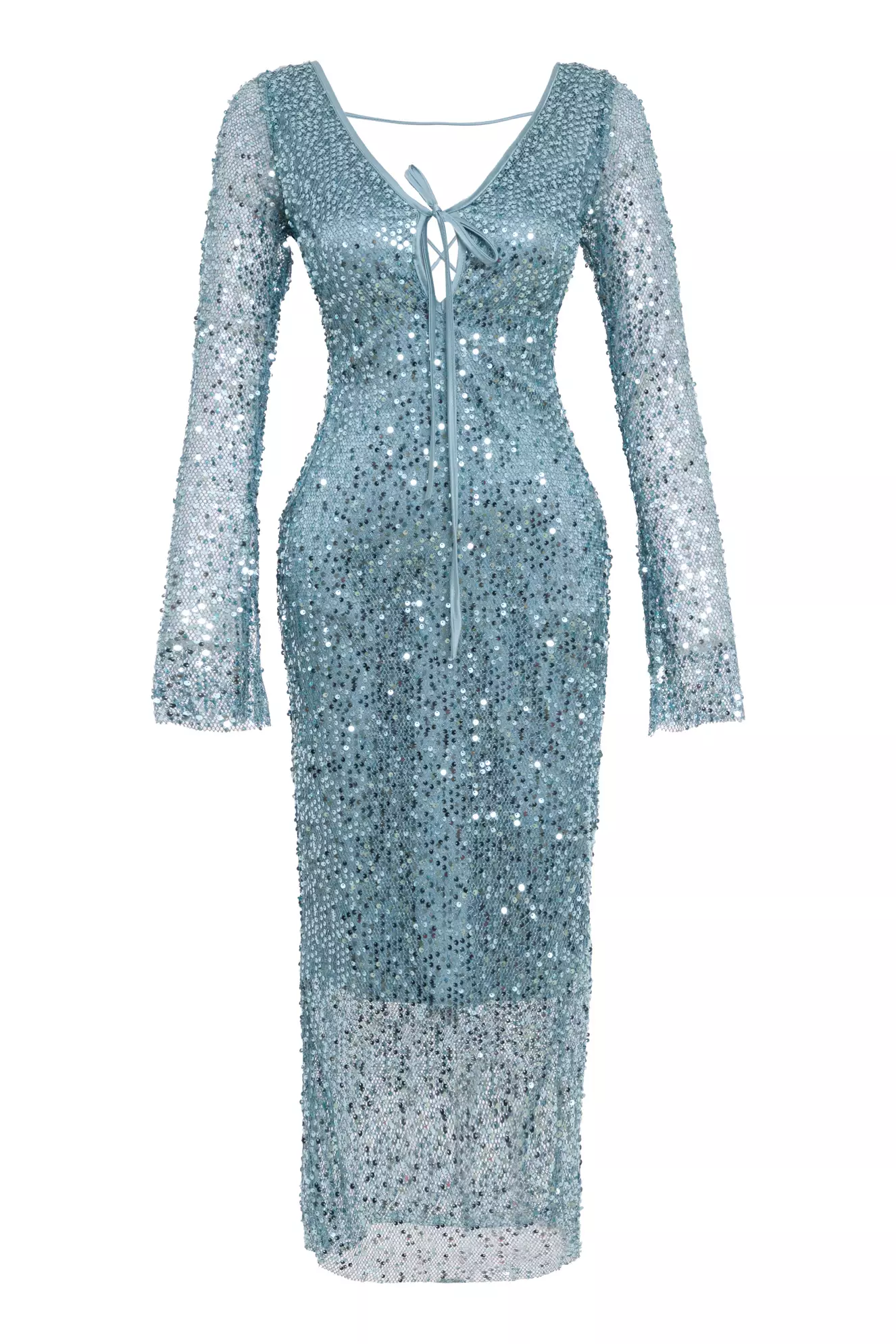 Water green sequin long sleeve long dress