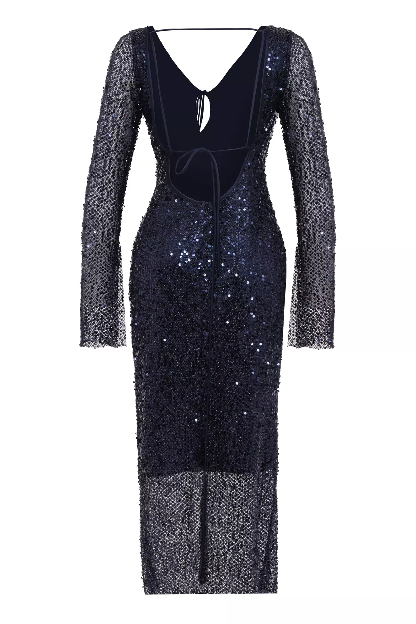 Navy Blue Sequin Long Sleeve Long Dress
