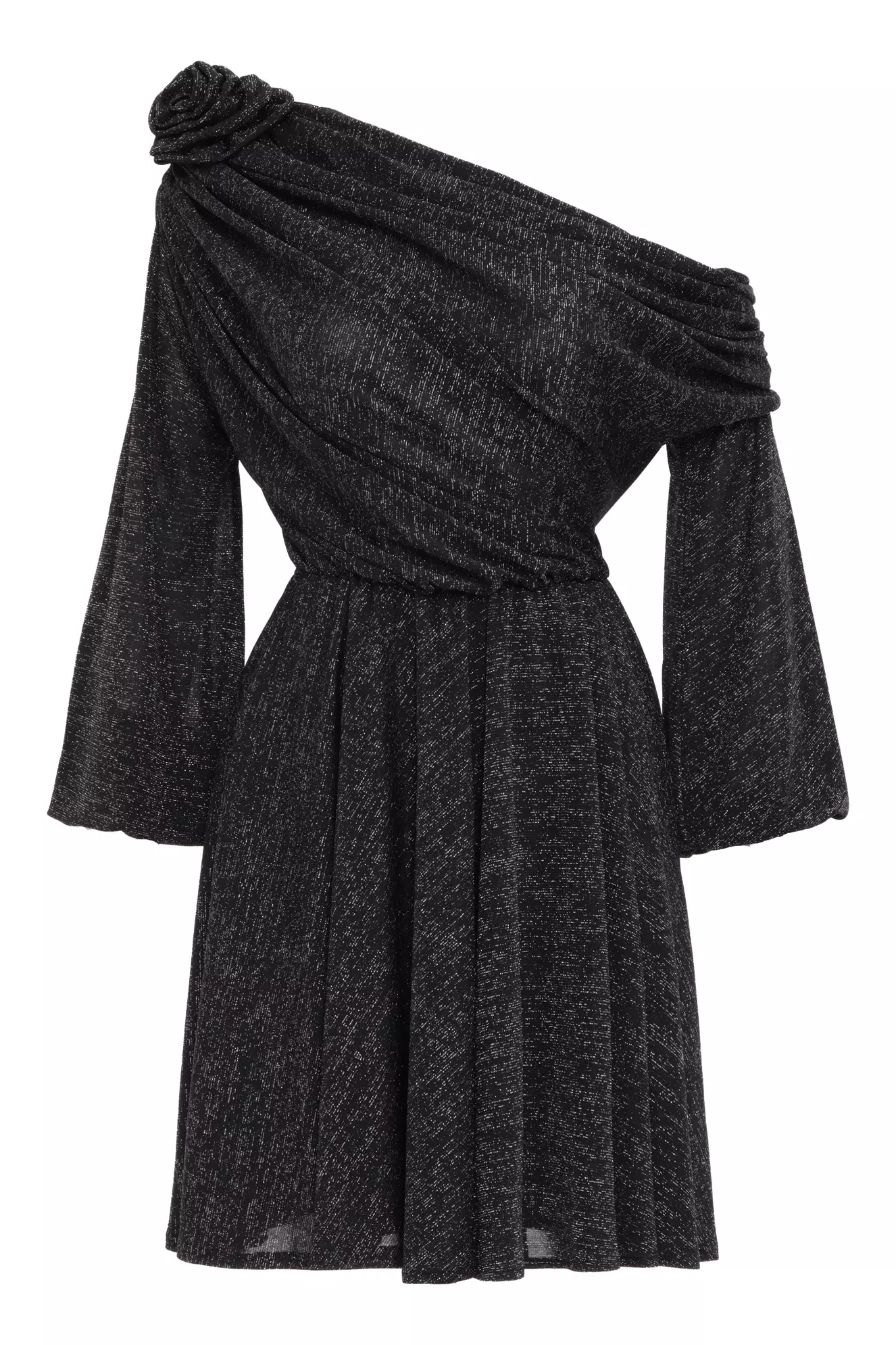 Siyah Gümüş Knitted Long Sleeve Mini Dress