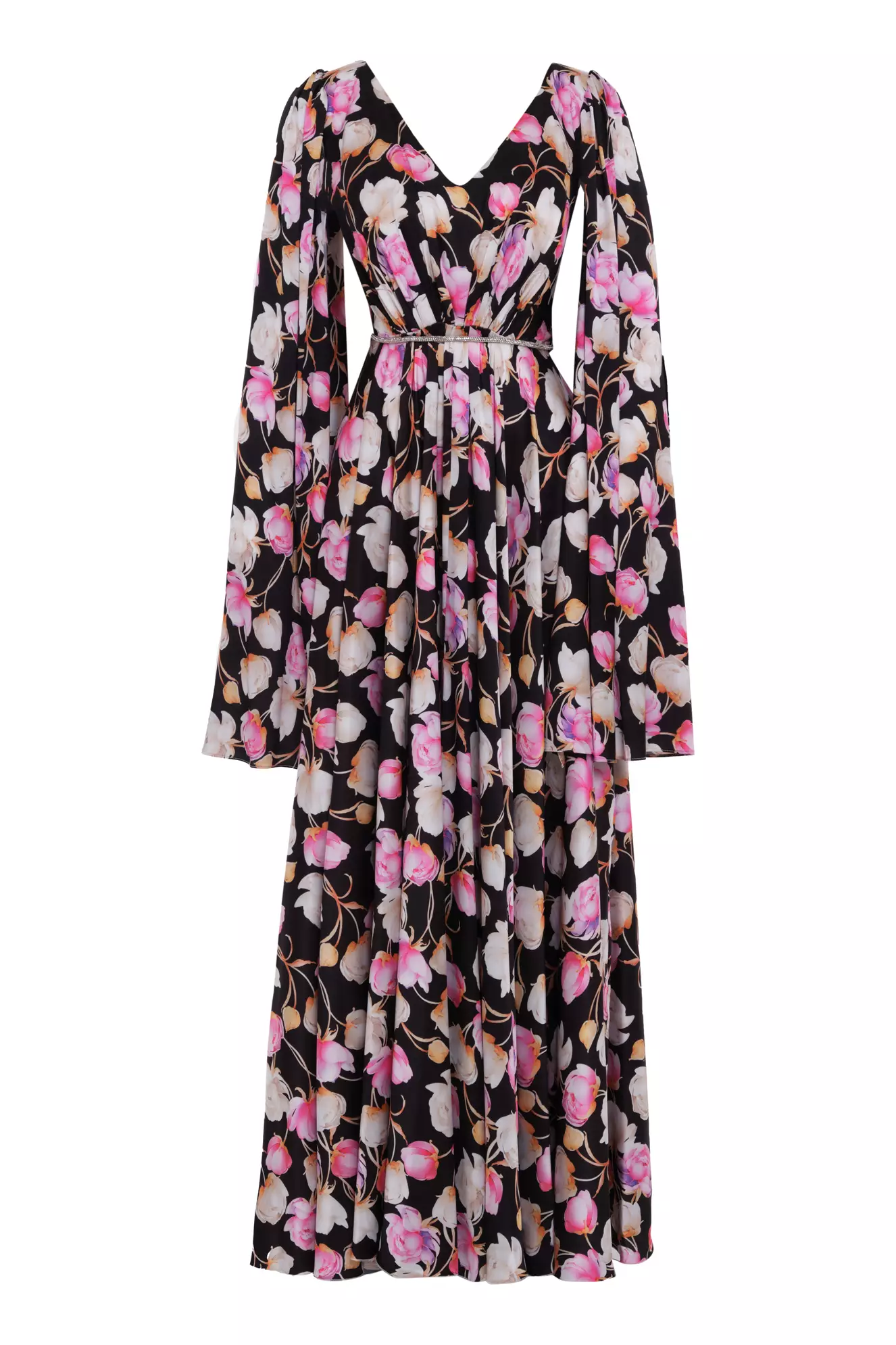 Printed Satin Long Sleeve Long Dress