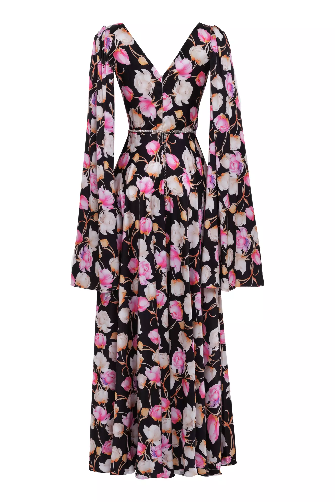 Printed Satin Long Sleeve Long Dress