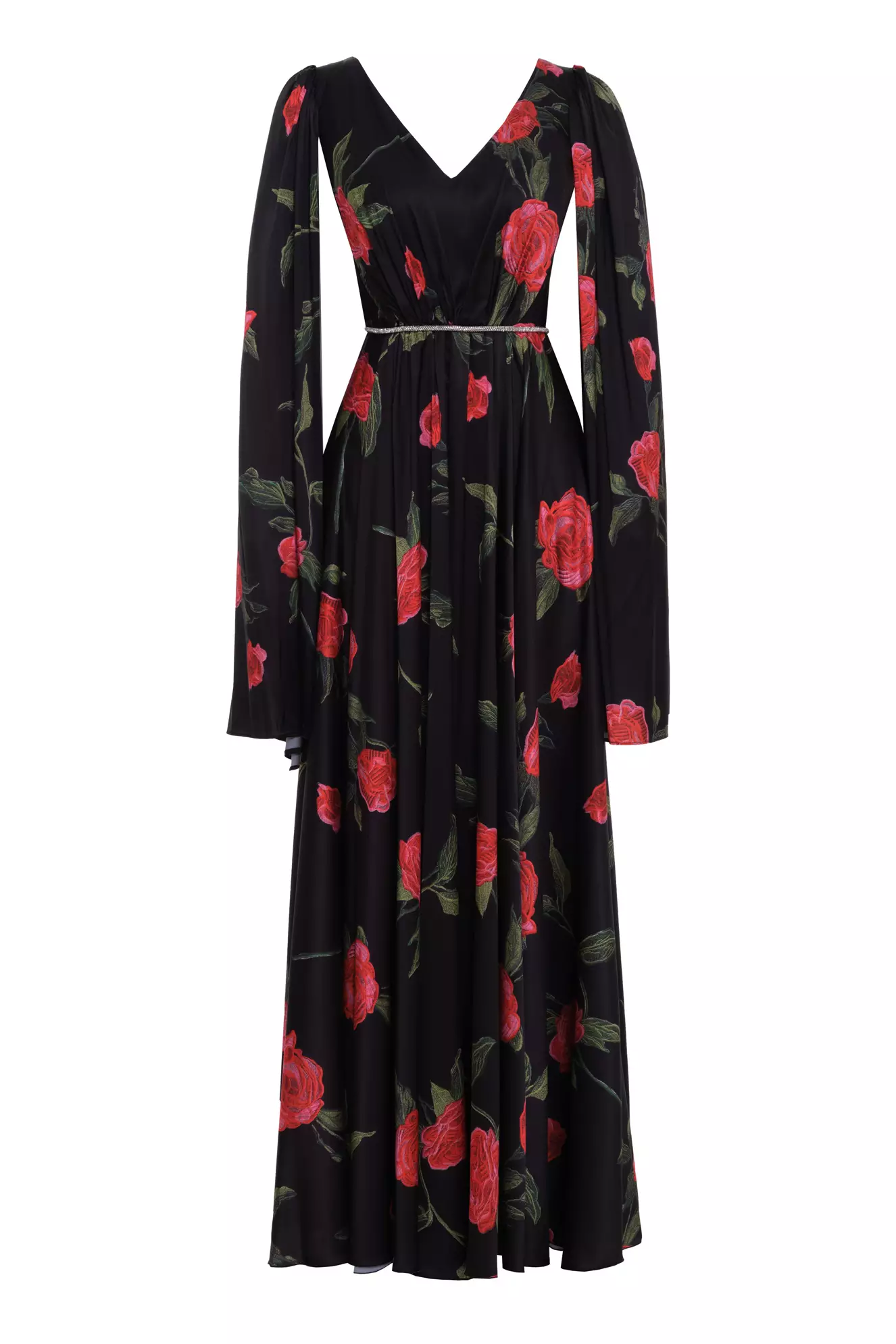 Printed Satin Long Sleeve Long Dress