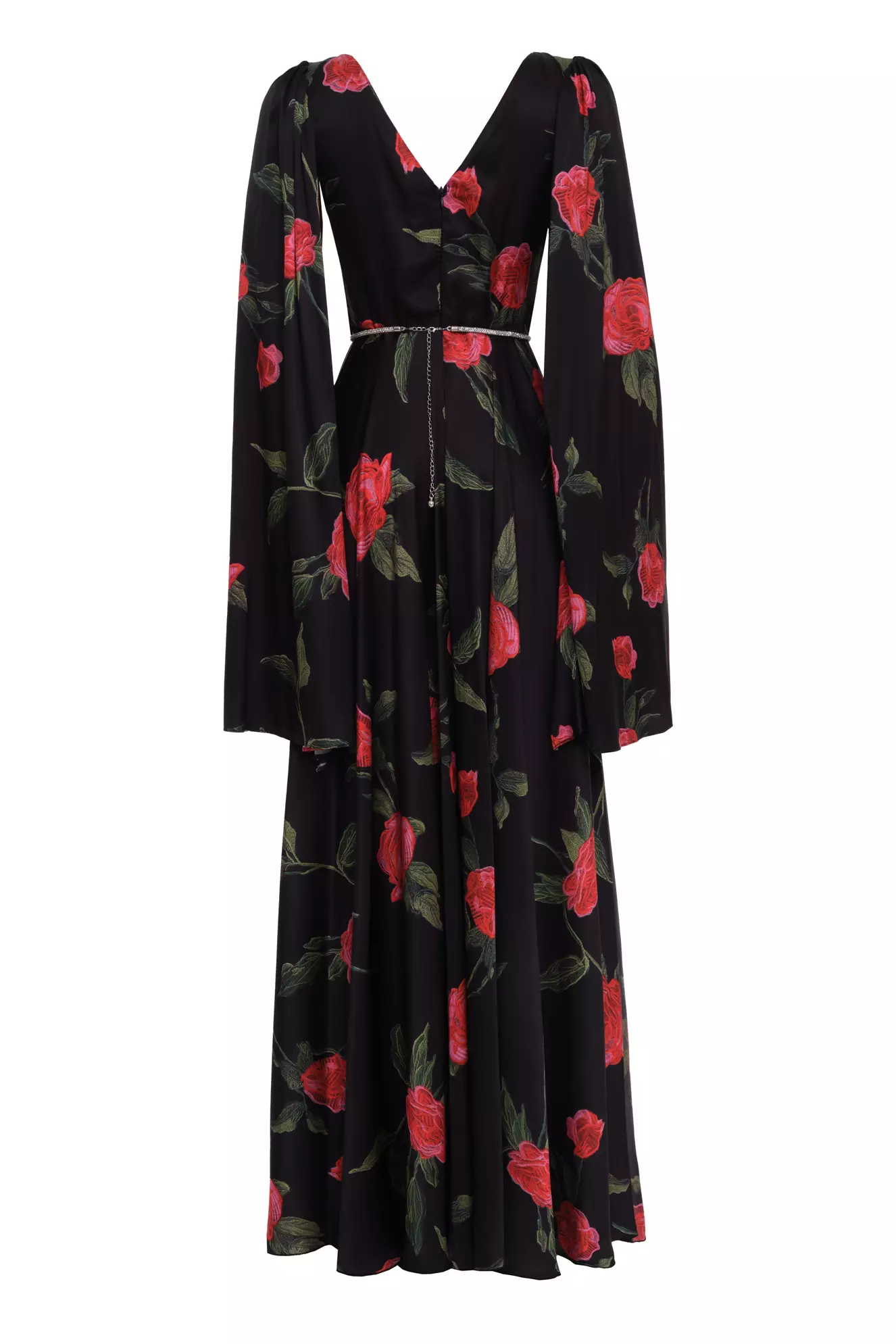 Printed Satin Long Sleeve Long Dress