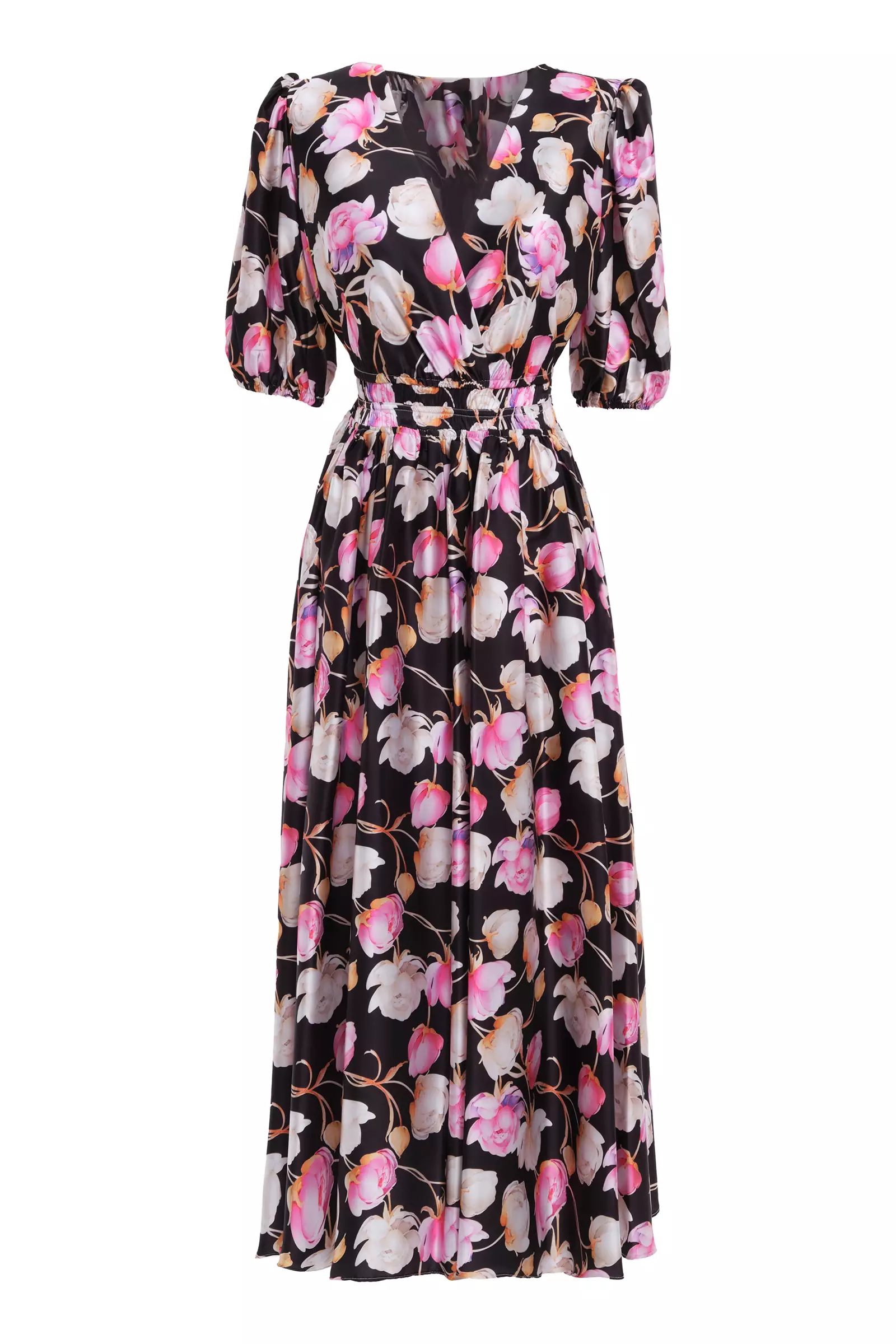 Printed satin short sleeve maxi dress