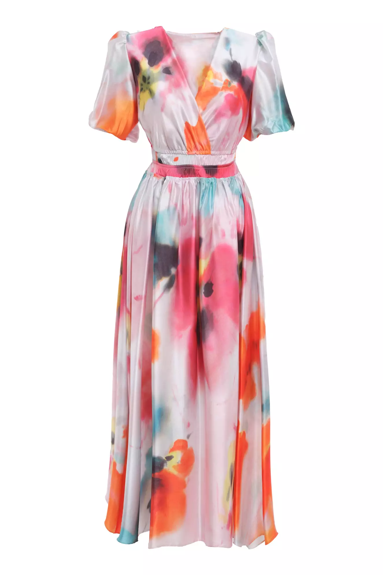 Printed satin short sleeve maxi dress
