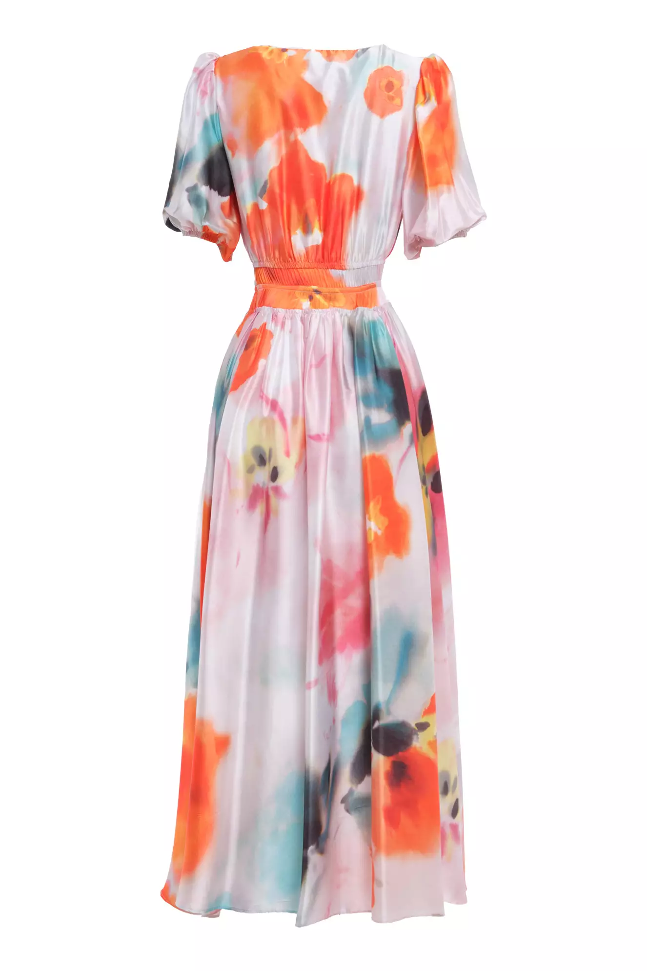 Printed satin short sleeve maxi dress