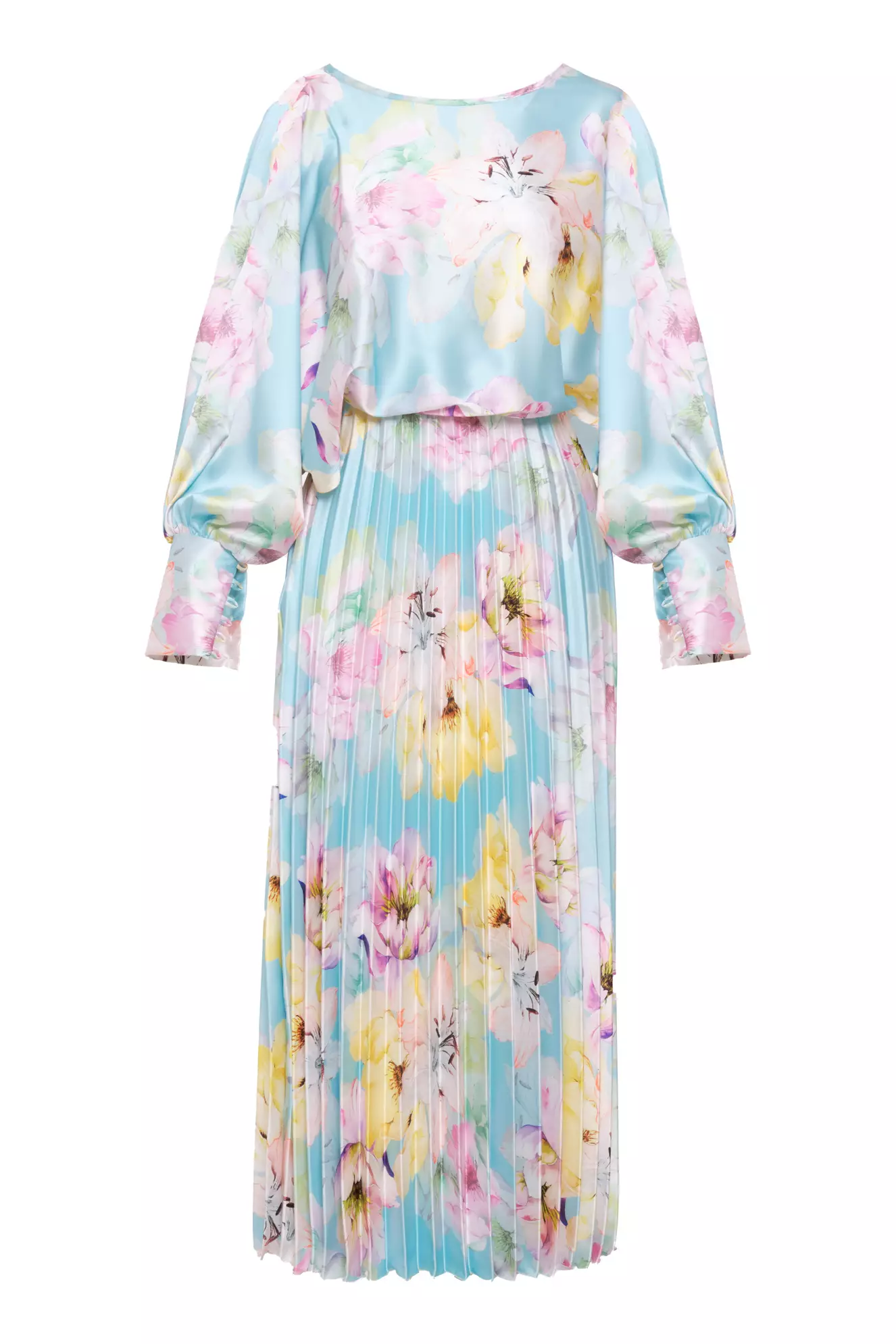 Printed Satin Long Sleeve Long Dress