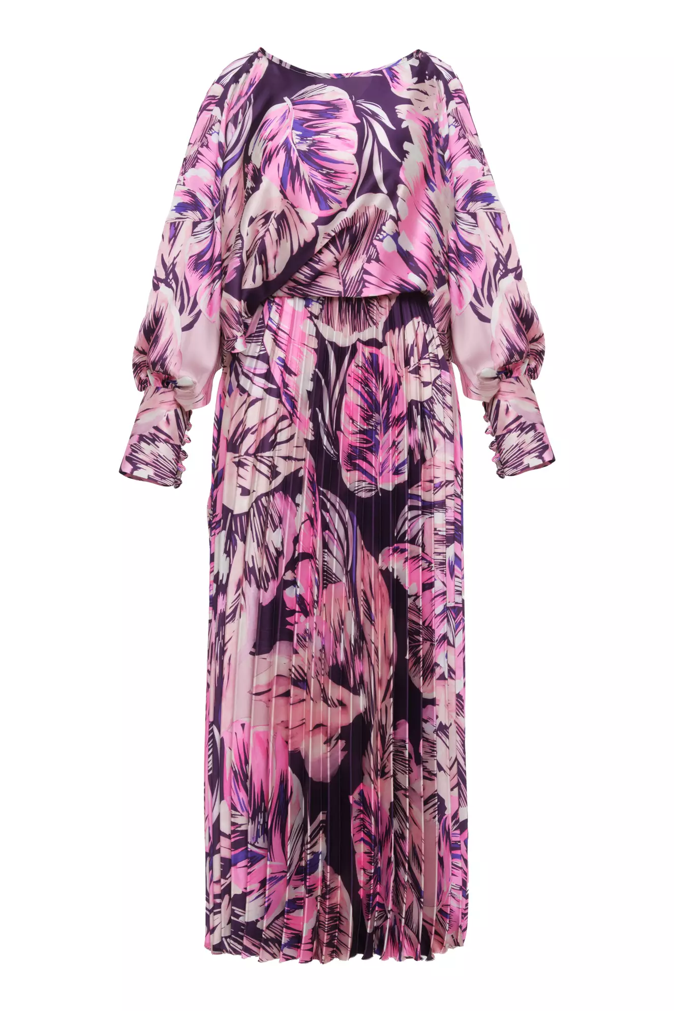 Printed Satin Long Sleeve Long Dress