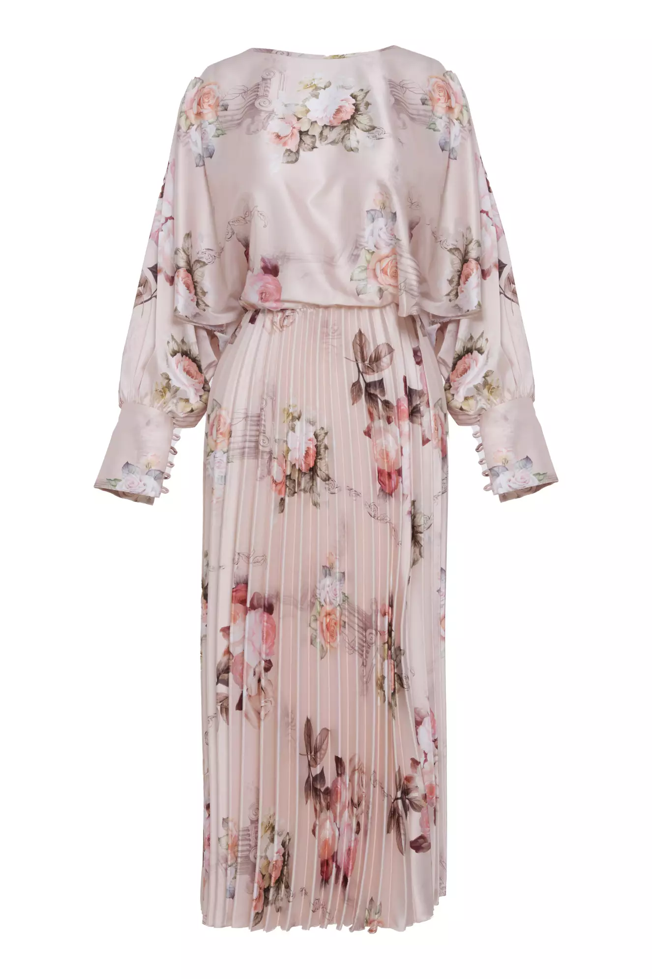 Printed Satin Long Sleeve Long Dress