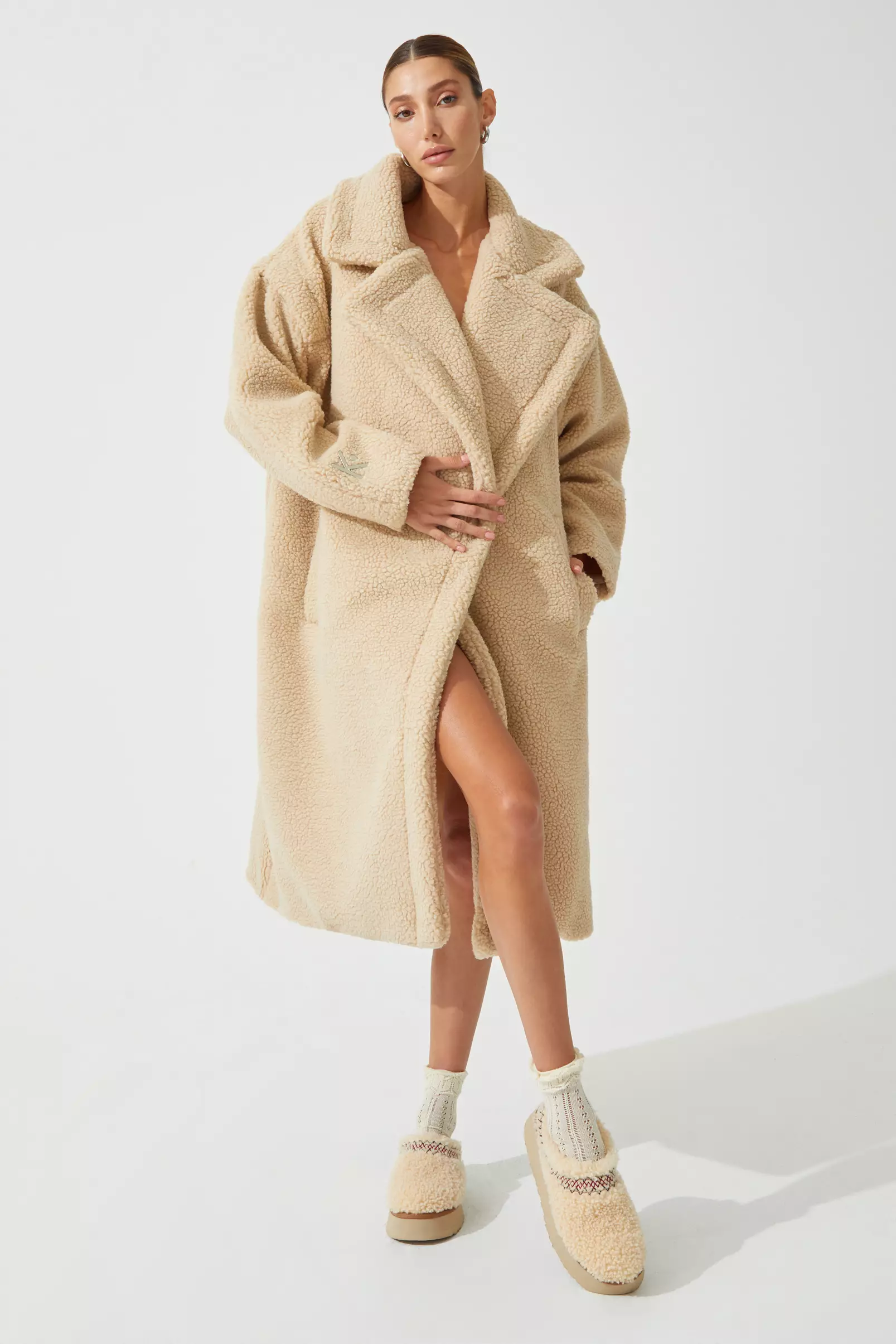 Beige teddy bear long sleeve maxi coat